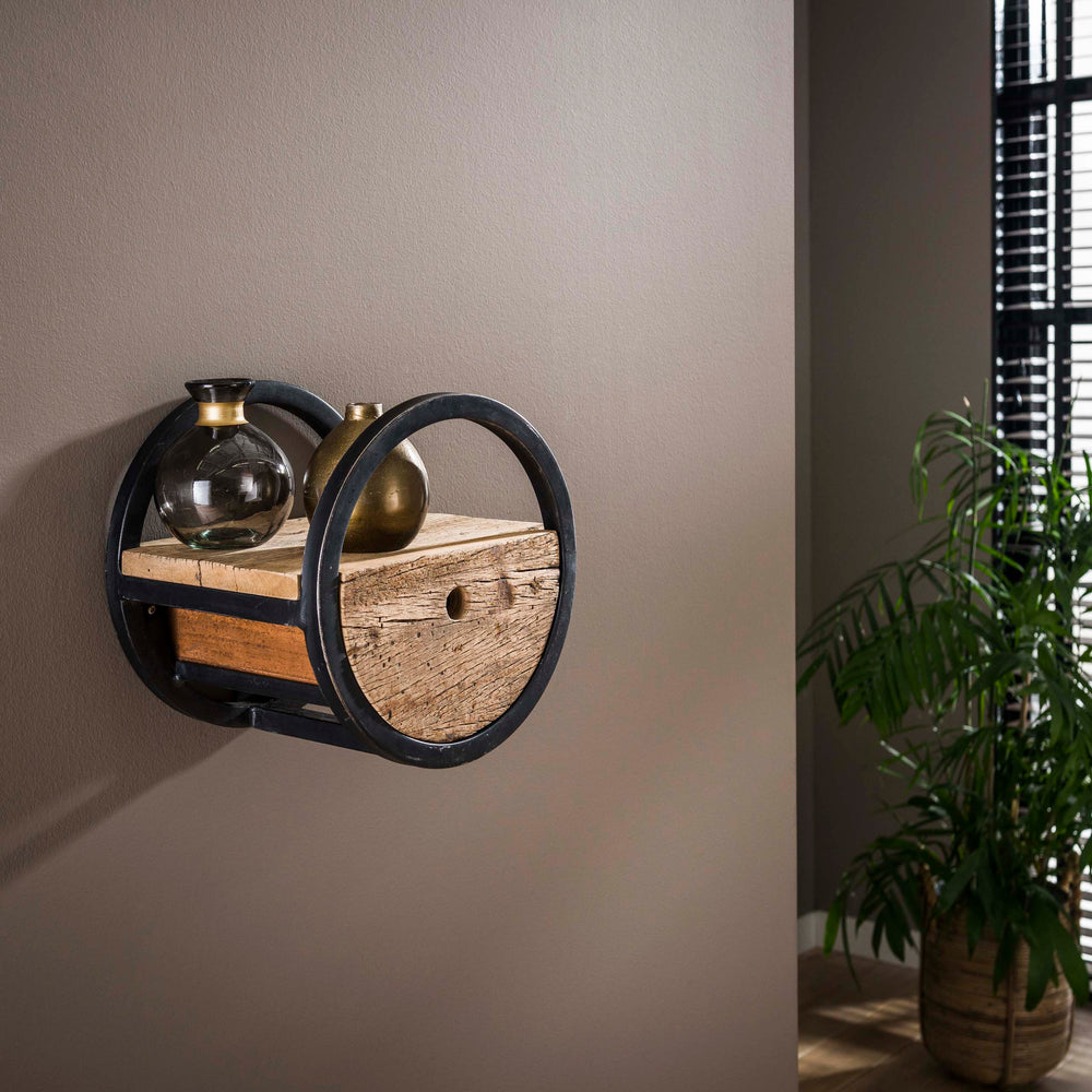 Estante de pared Halo con 1 cajón Ø30cm / Madera dura robusta