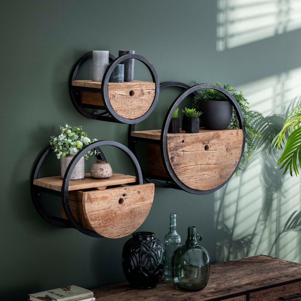 Estante de pared Halo con 1 cajón Ø40cm / Madera dura robusta