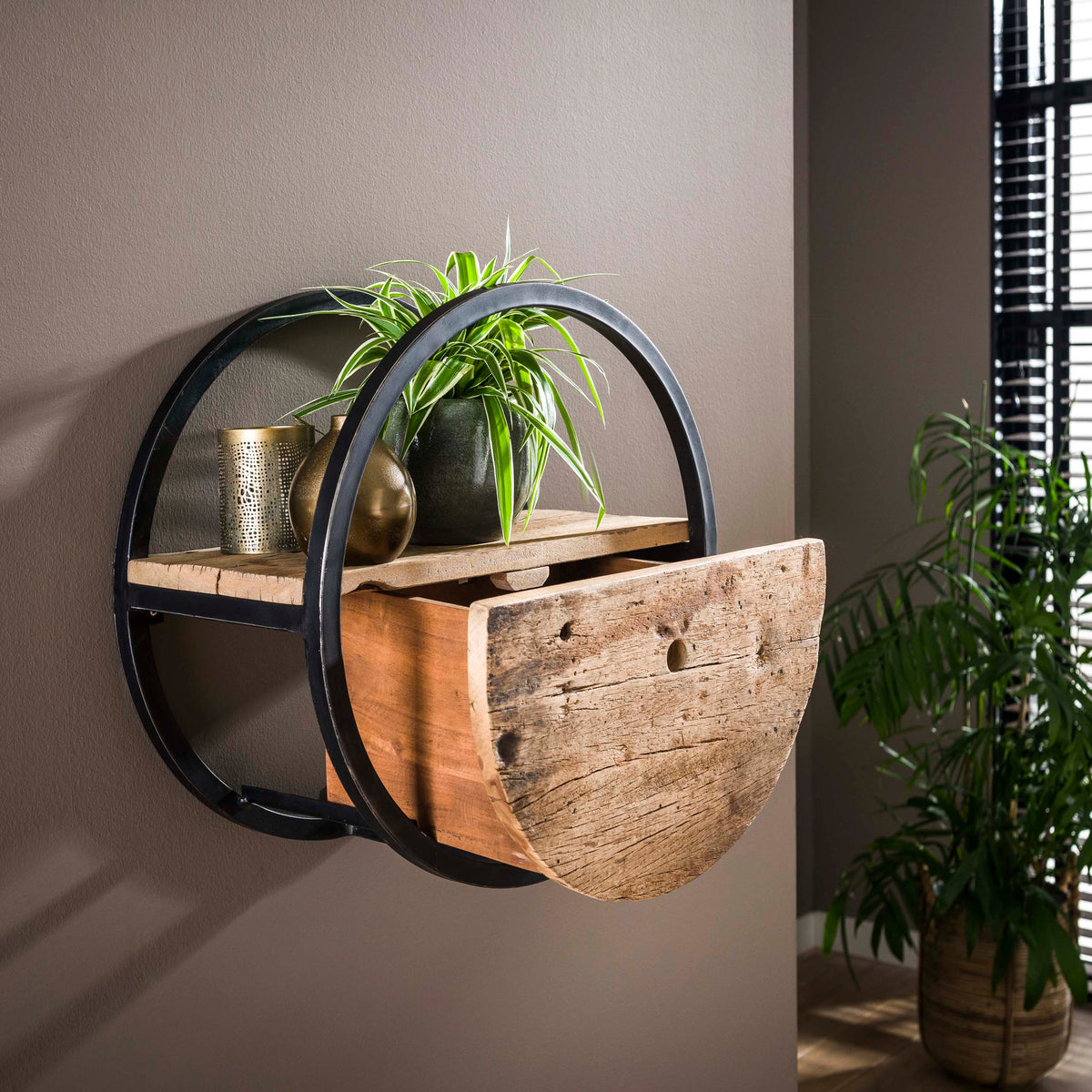 Półka ścienna Halo z 1 szufladą Ø50 cm / trwałe drewno twarde