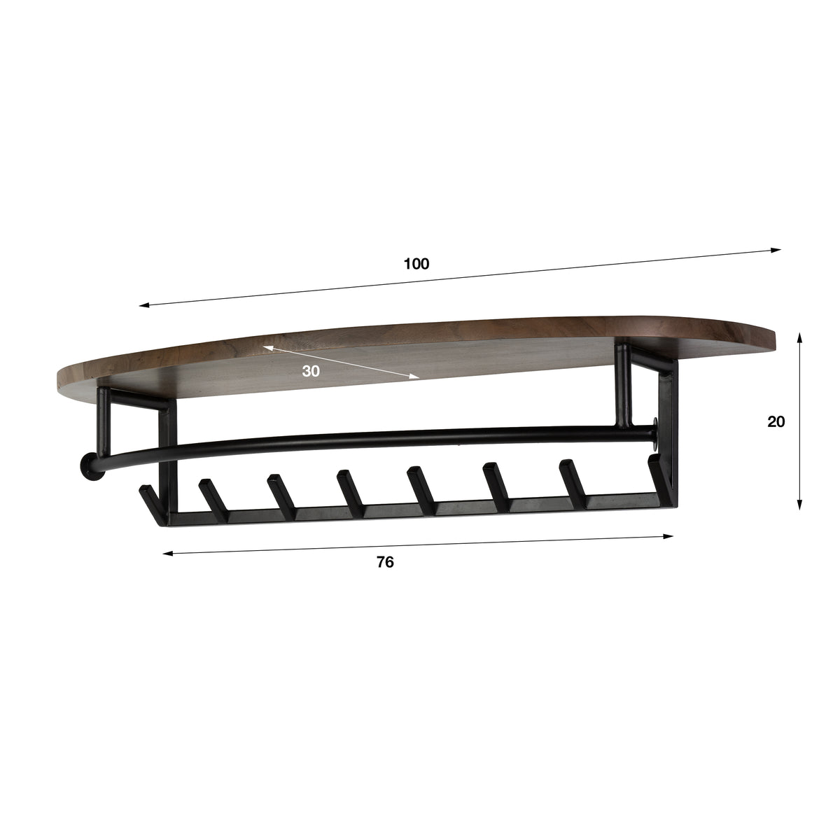 Garderobenständer Radius mit Stange und Hutablage, 8 Haken / Massives Akazienholz, Braun