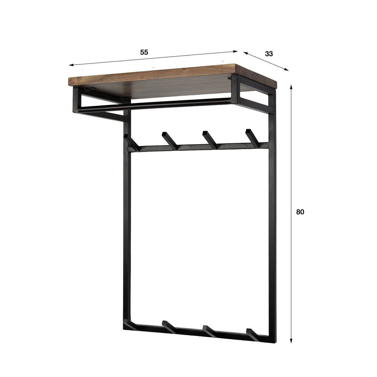 Klädhängare Porta hög med stång och hatthylla, 2x4 krokar / Massiv akacia brun