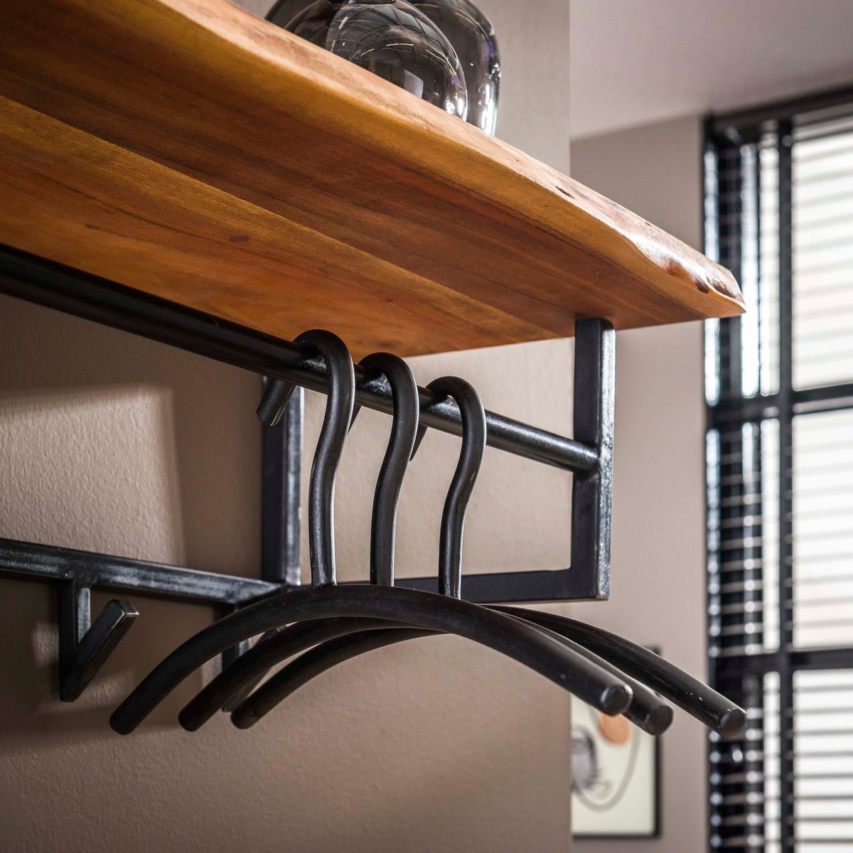 Slate coat rack with rail and hat shelf, 6 hooks / Solid acacia