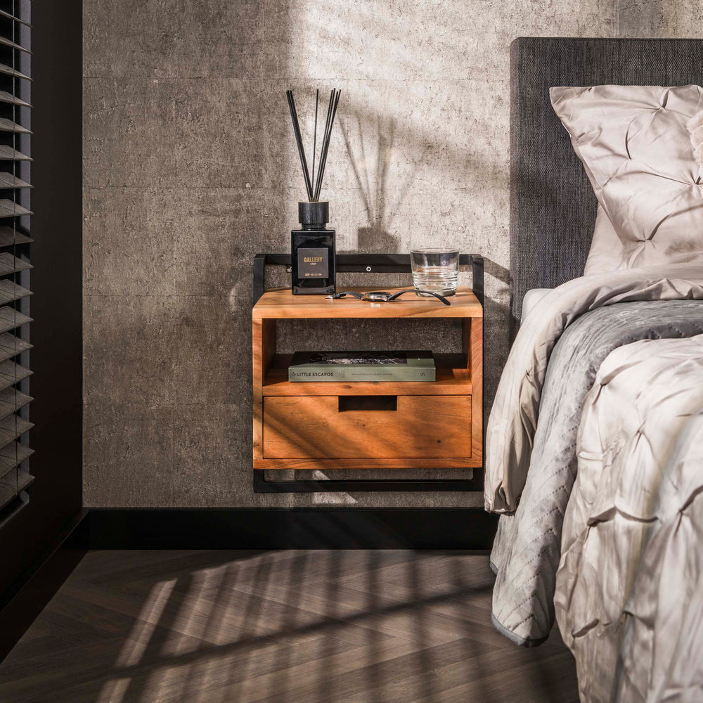 Flow Solid bedside table open compartment 1 drawer / Solid acacia