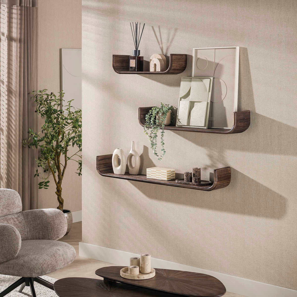 Amara Teak U-shaped wall shelf set of 3 / Solid teak espresso