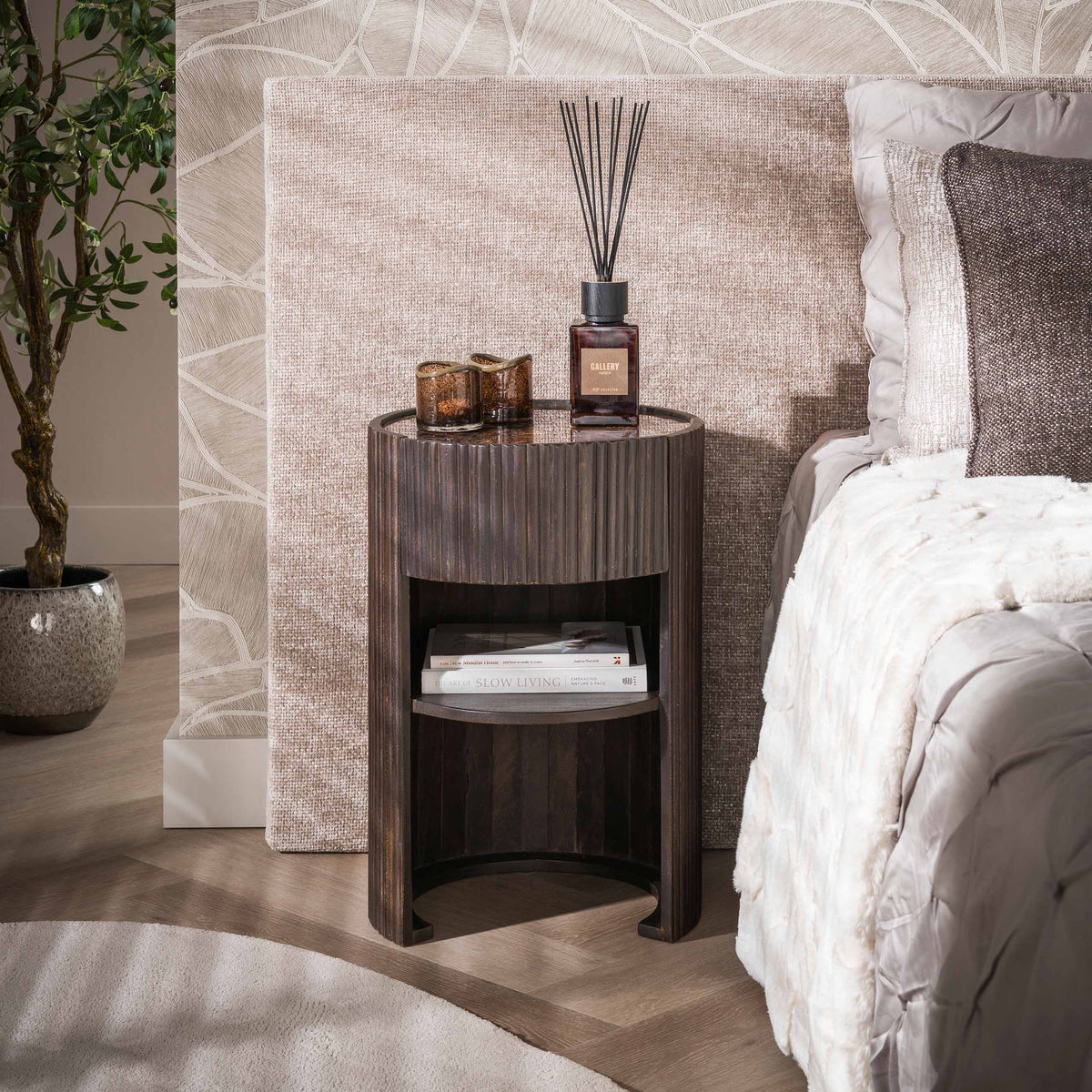 Sengebord Ombra med 1 skuffe / Keramik dark emperador