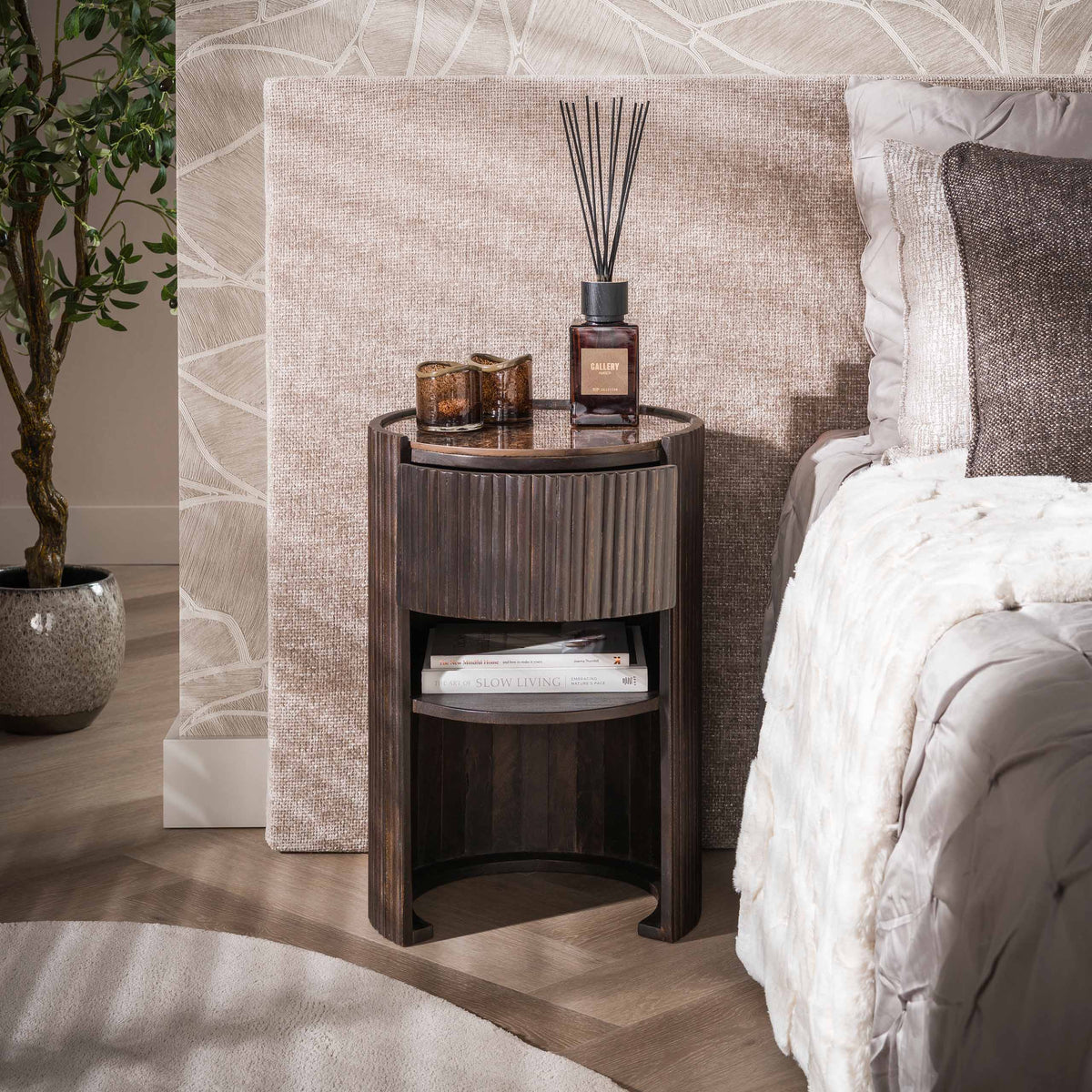Sengebord Ombra med 1 skuffe / Keramik dark emperador