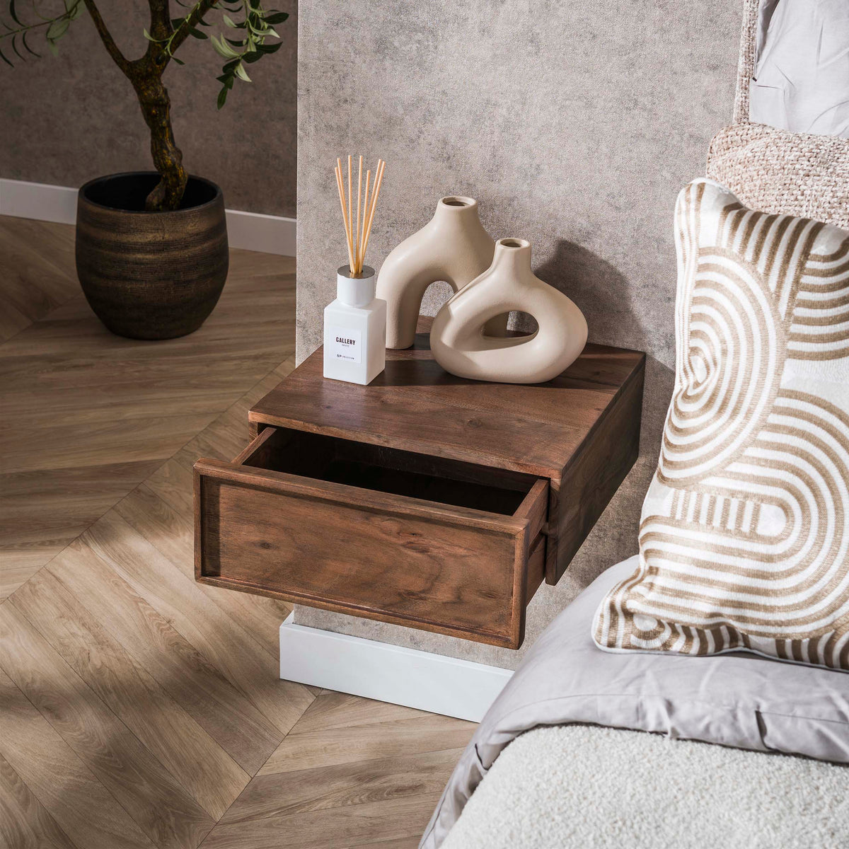 Hover floating bedside table, 1 drawer, packaged in sets of 2 / Solid acacia, brown