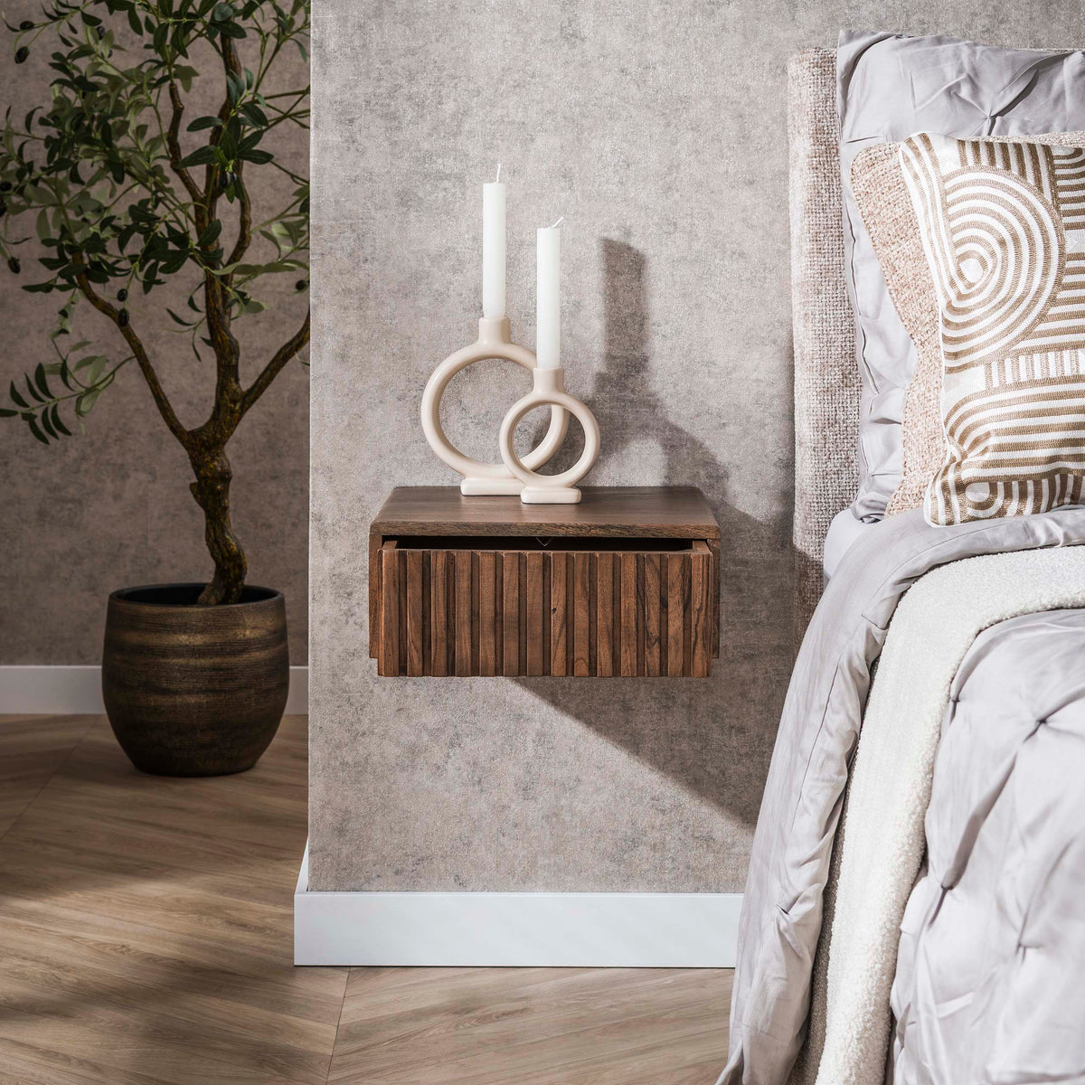Linea floating bedside table, 1 drawer, packaged in sets of 2 / Solid acacia, brown