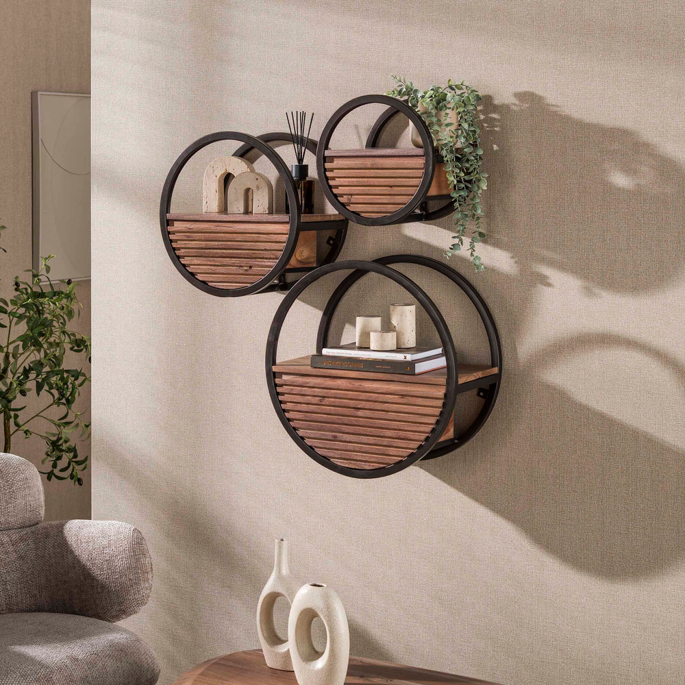 Estante de pared Halo 1 cajón Ø30cm / Acacia maciza marrón