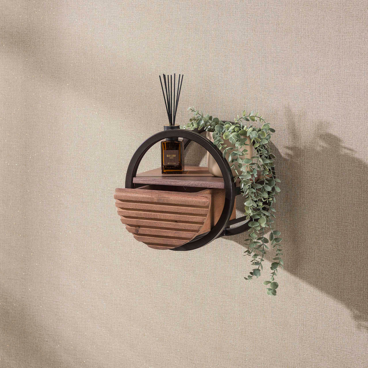 Półka ścienna Halo, 1 szuflada Ø30 cm / lite drewno akacjowe, brązowe