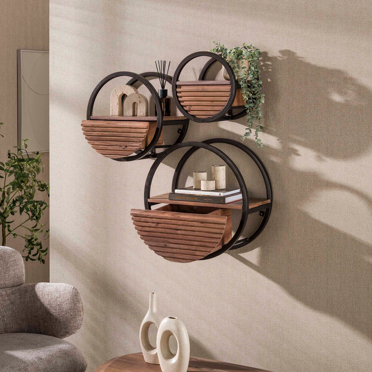 Półka ścienna Halo, 1 szuflada Ø50 cm / lite drewno akacjowe, brązowe