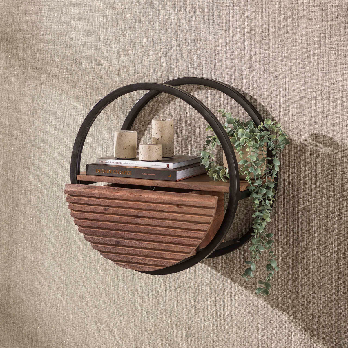 Wandregal Halo 1 Schublade Ø50cm / Massives Akazienholz braun