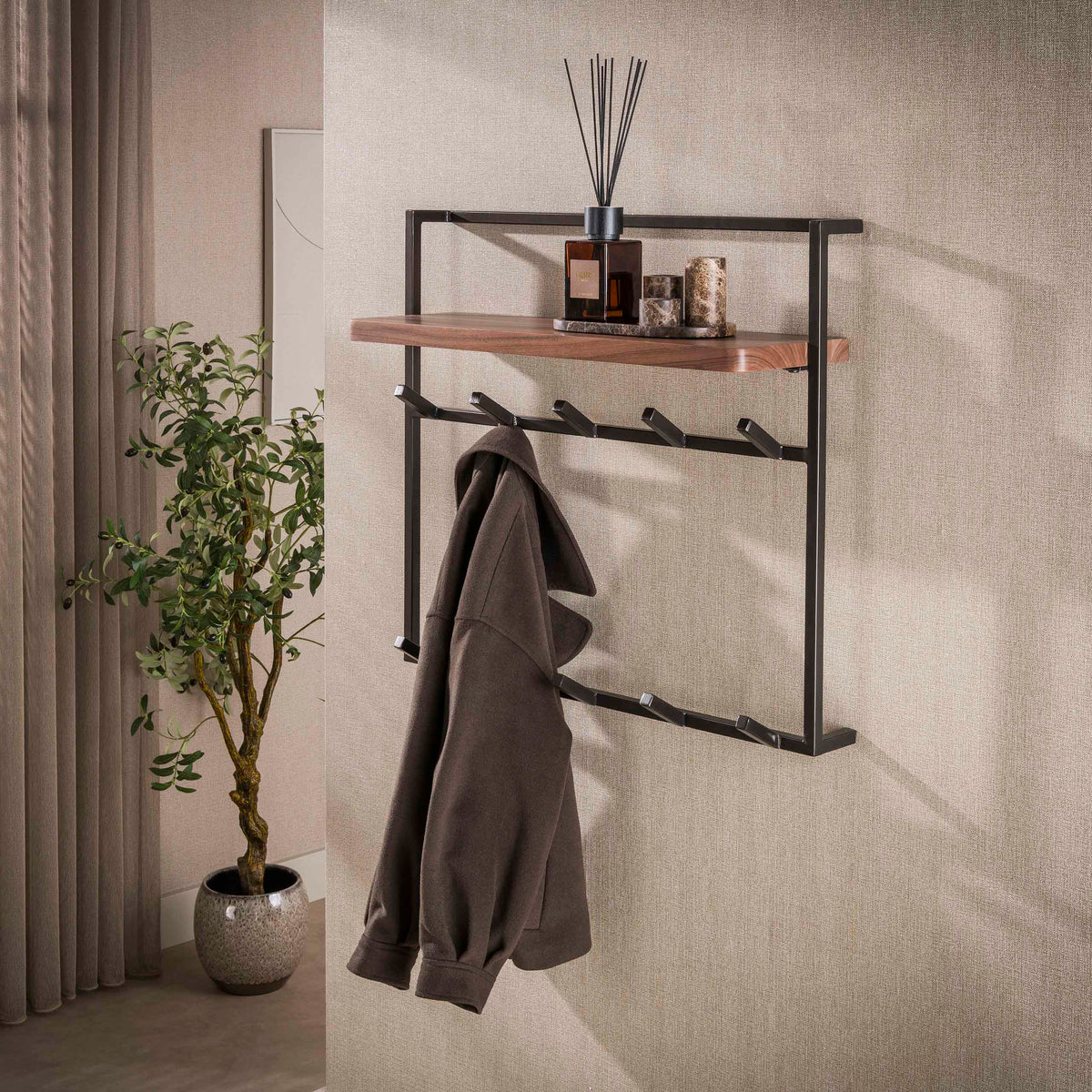 Coat rack Breeze Flow 2x5 hooks / Solid acacia brown