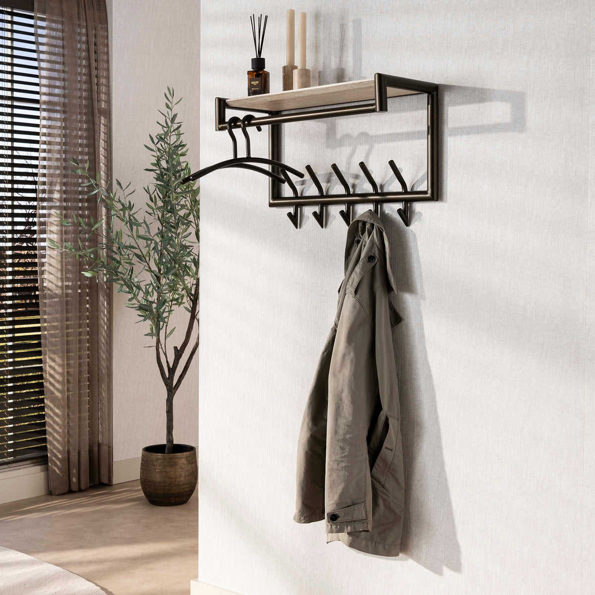 Haven coat rack with rail and hat shelf, 2x5 hooks / Melamine travertine