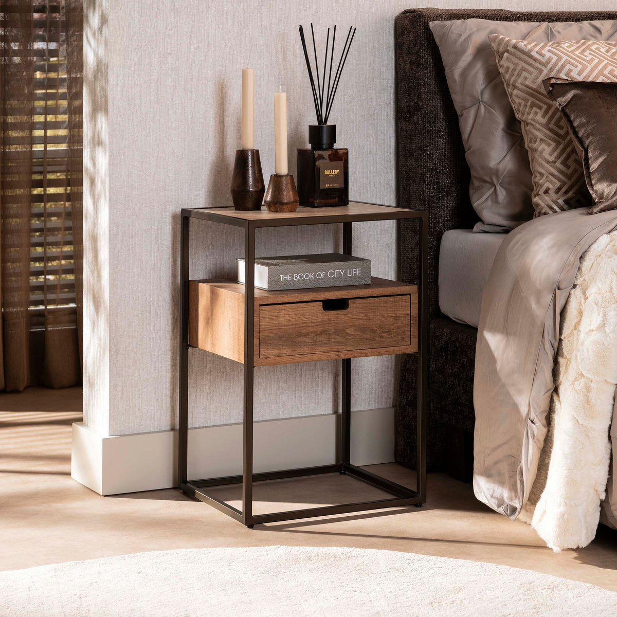Aero bedside table 1 drawer / Travertine ceramic