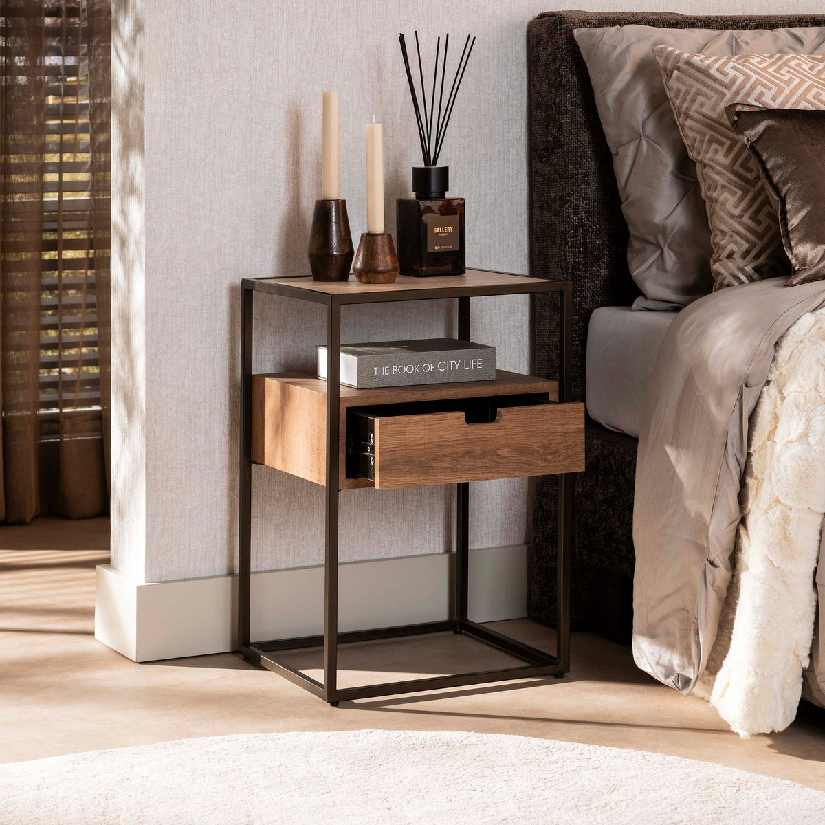 Aero bedside table 1 drawer / Travertine ceramic