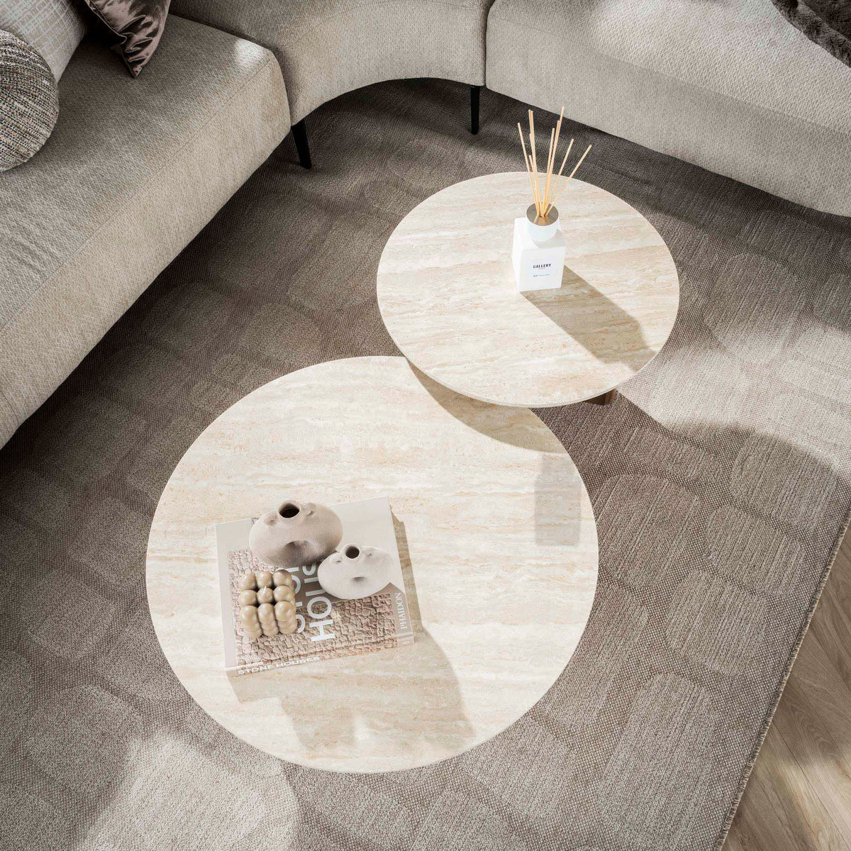 Travino round coffee table set of 2 / Travertine ceramic