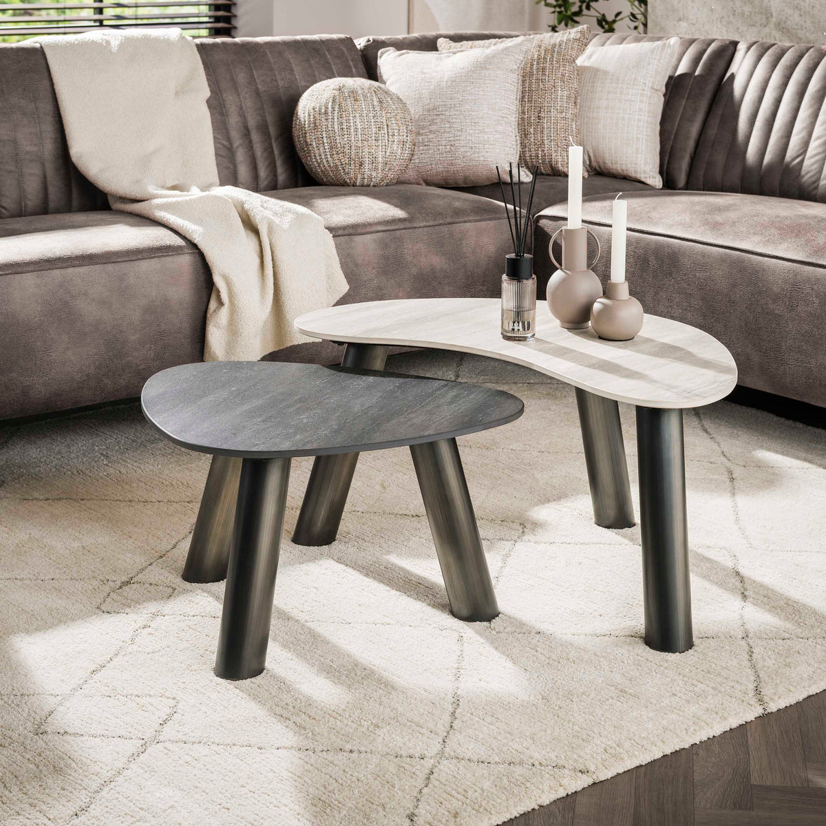 Coffee table Echo organic set of 2 / 3D ceramic black/grey travertine