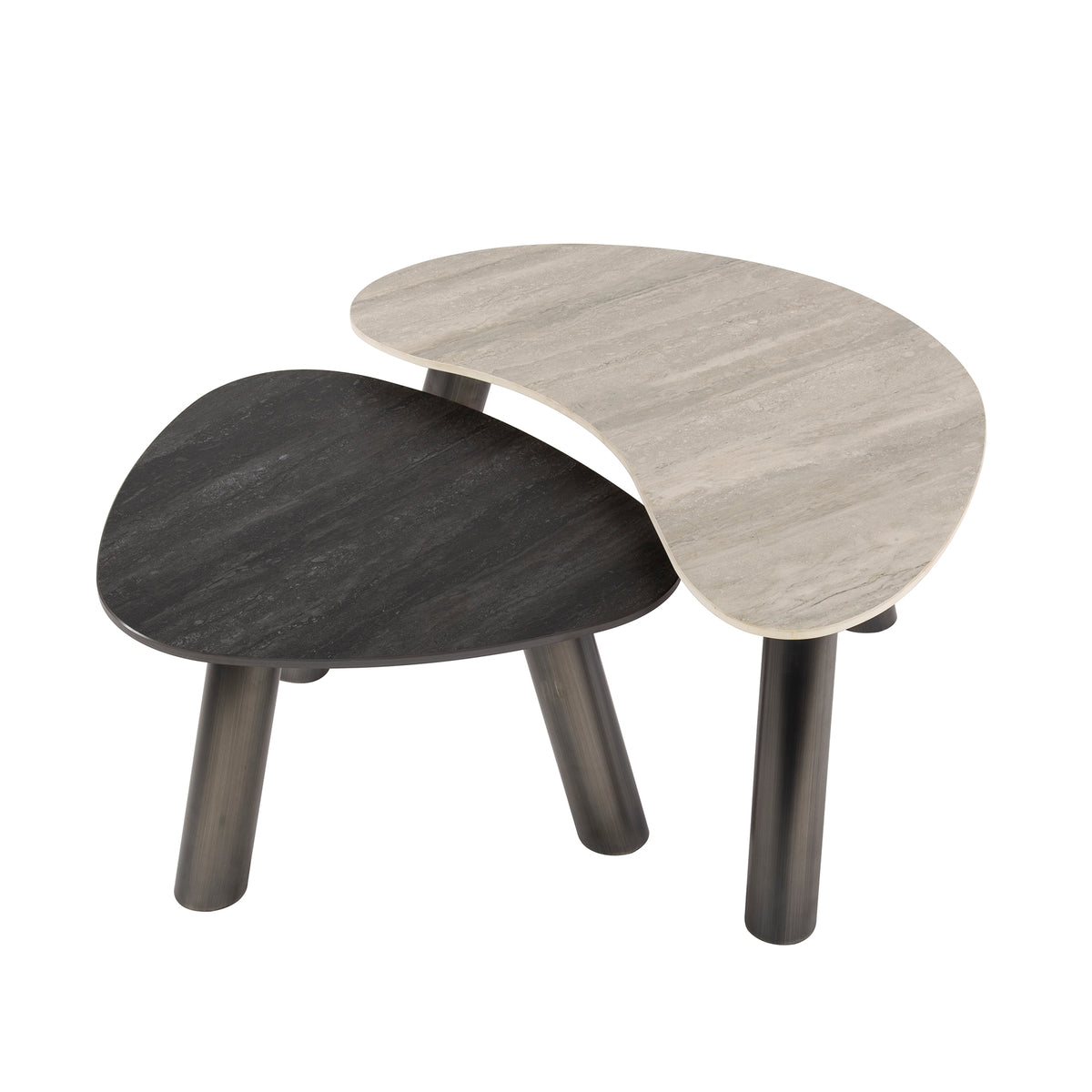 Couchtisch Echo organisches 2er-Set / 3D-Keramik schwarzer/grauer Travertin