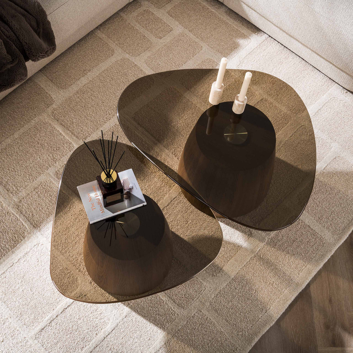 Fume triangular coffee table, set of 2 / bronze glass