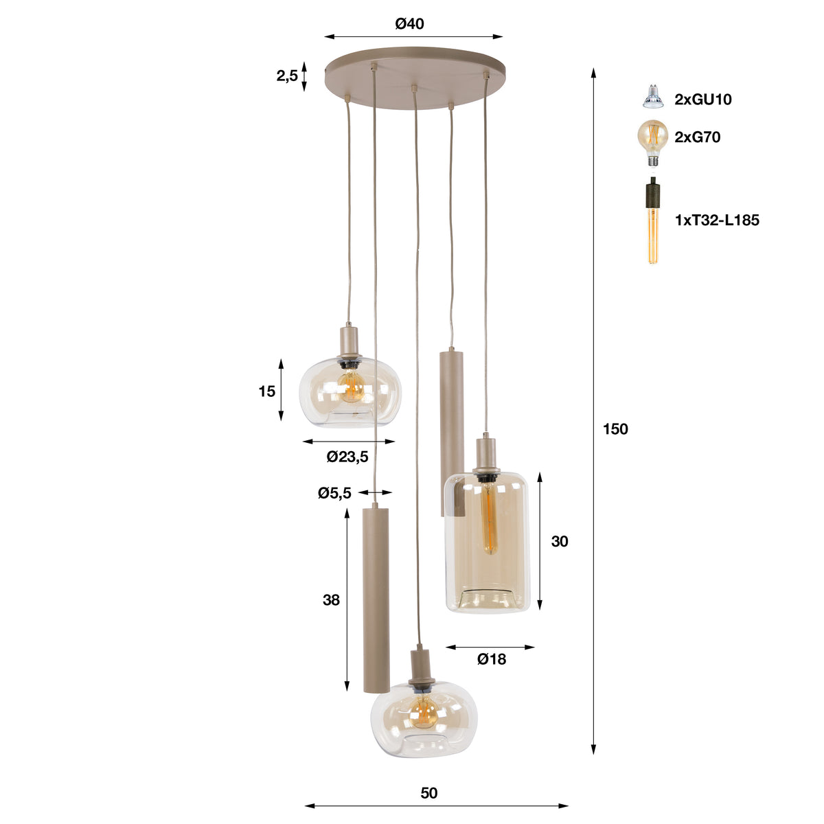 Pendellampe Solace trinvis med 5 lys / Beige