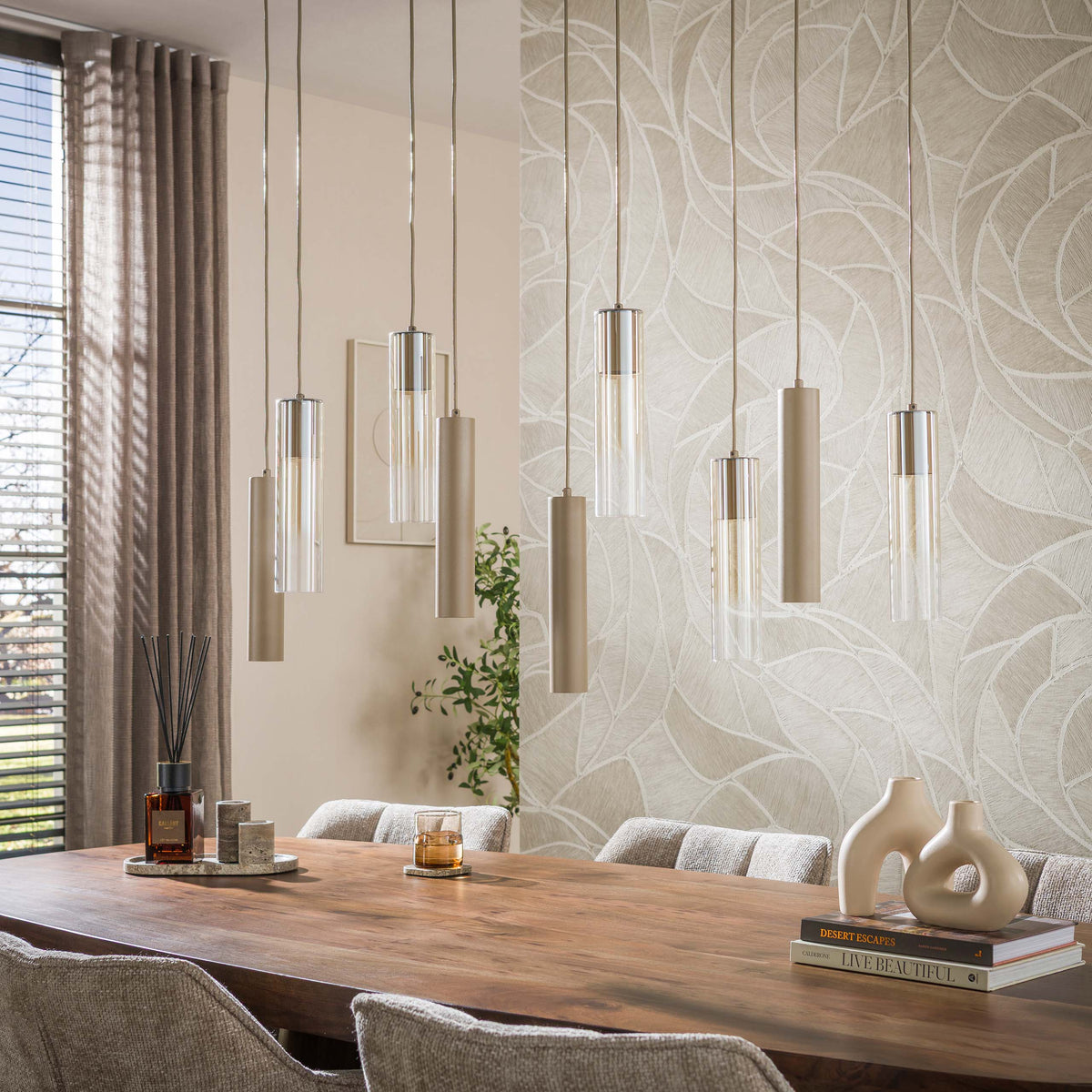 Cilindro pendellampe med 5+4 lyskilder / Beige