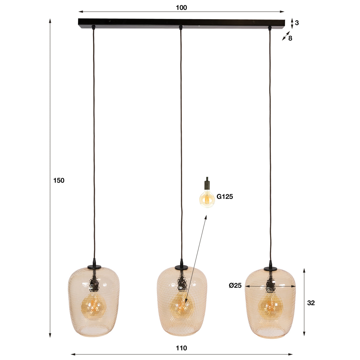 Pendellampe Flair med 3 lyskilder / Ravfarvet glas
