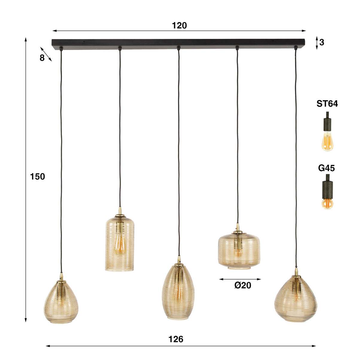 Pendellampa Vetro med 5 ljuskällor / Rökbrunt glas