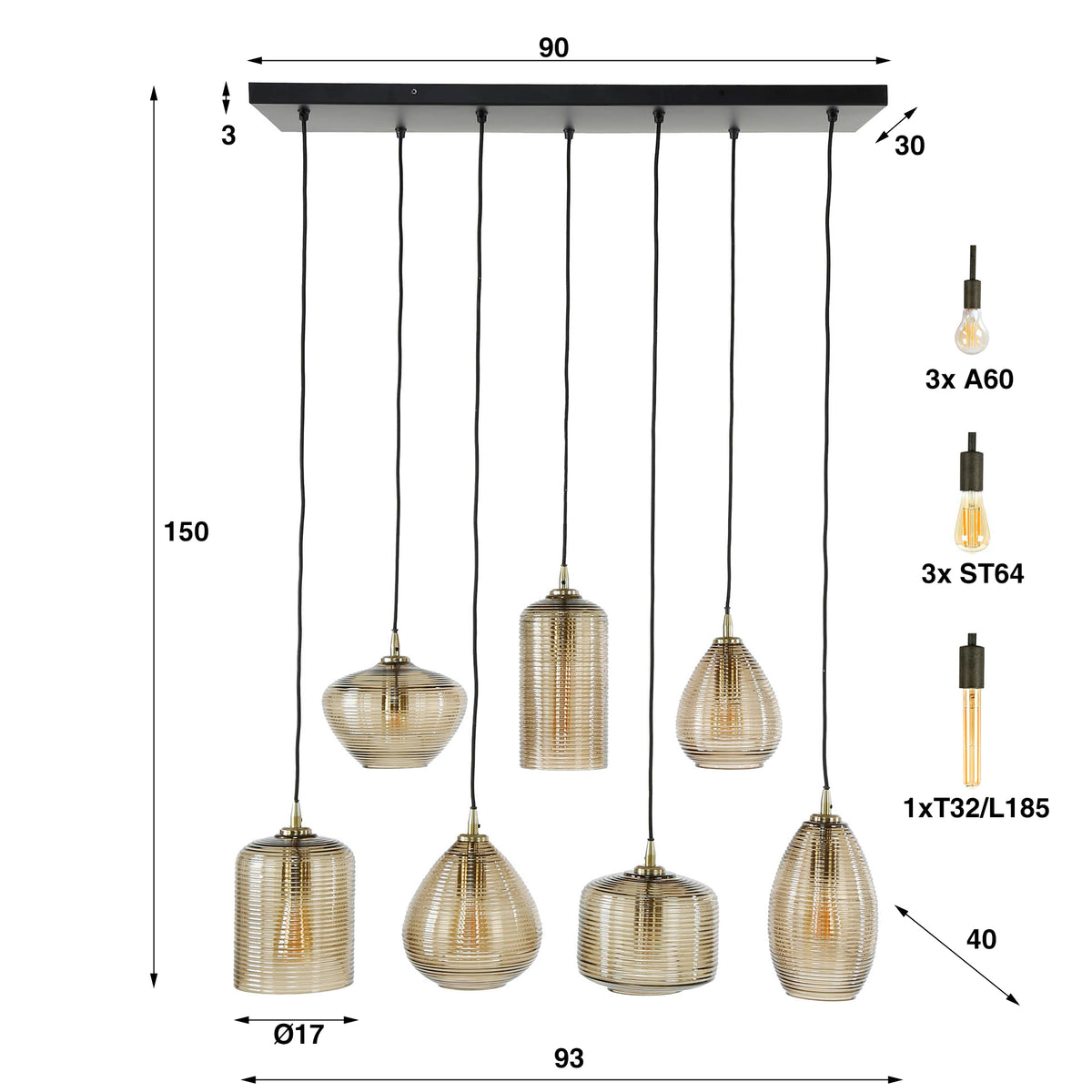 Lampa wisząca Vetro, 4+3-punktowa / bursztynowe szkło