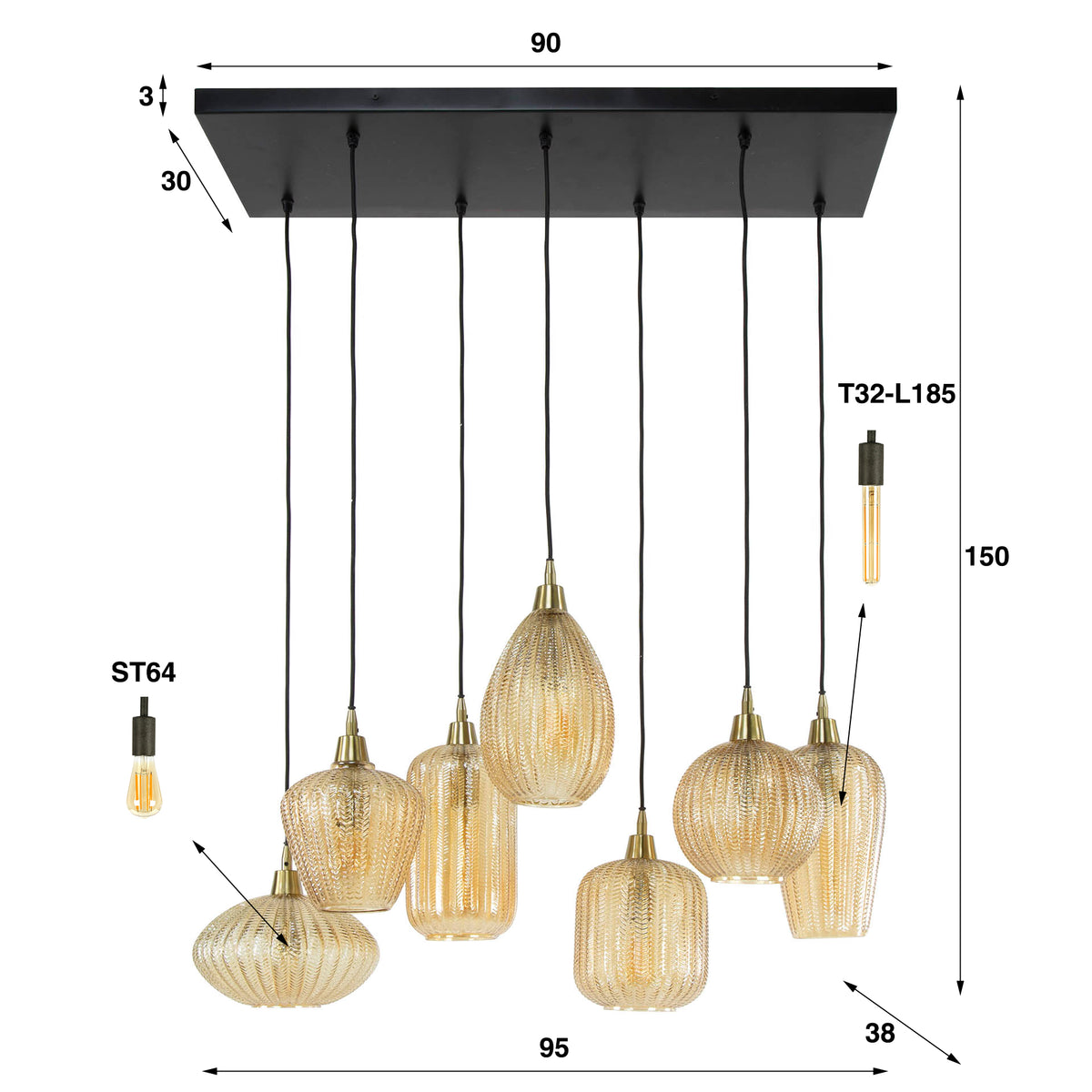 Lampa wisząca Ribano, 4+3-punktowa / bursztynowe szkło