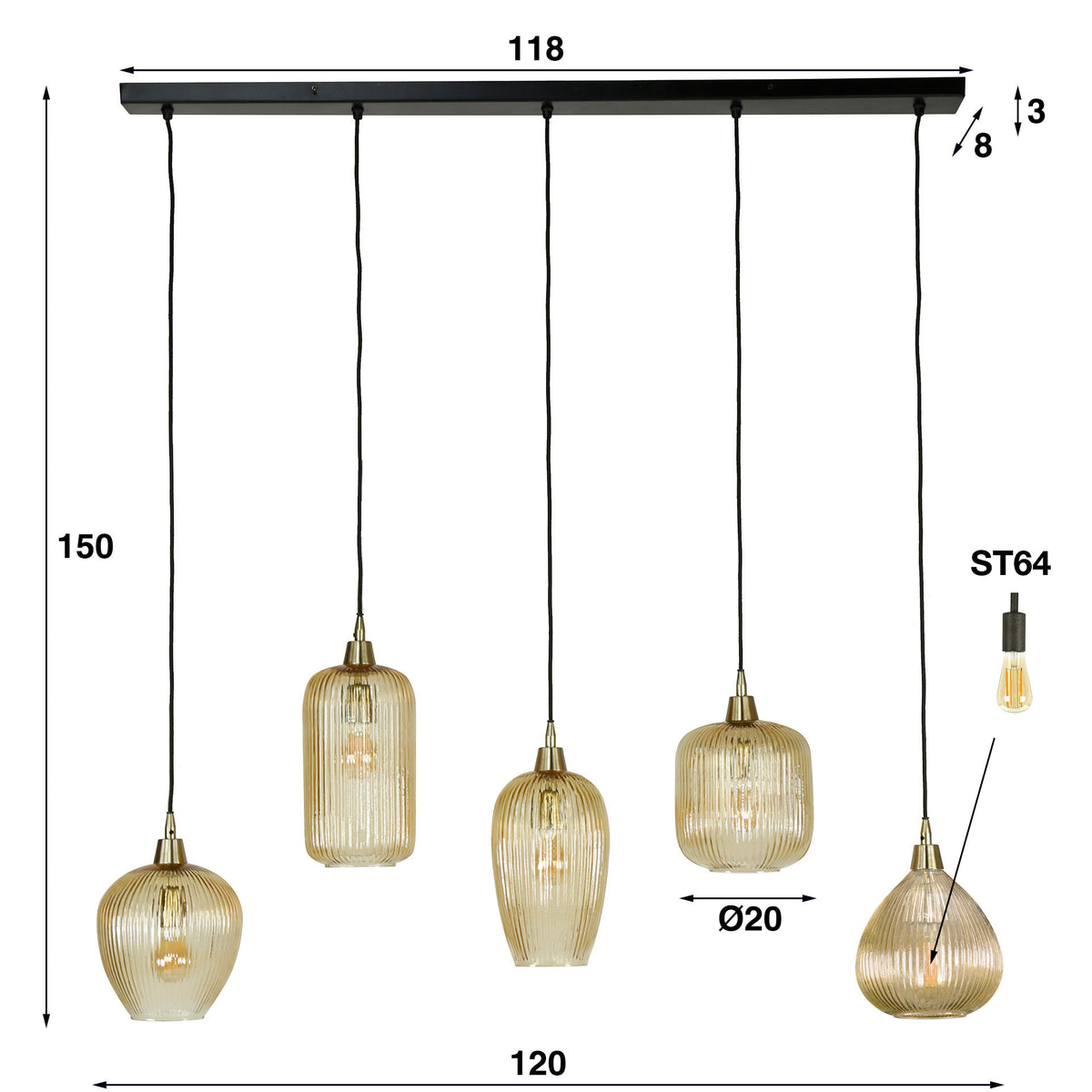 Pendellampe Vetro med 5 lyskilder / Ravfarvet glas