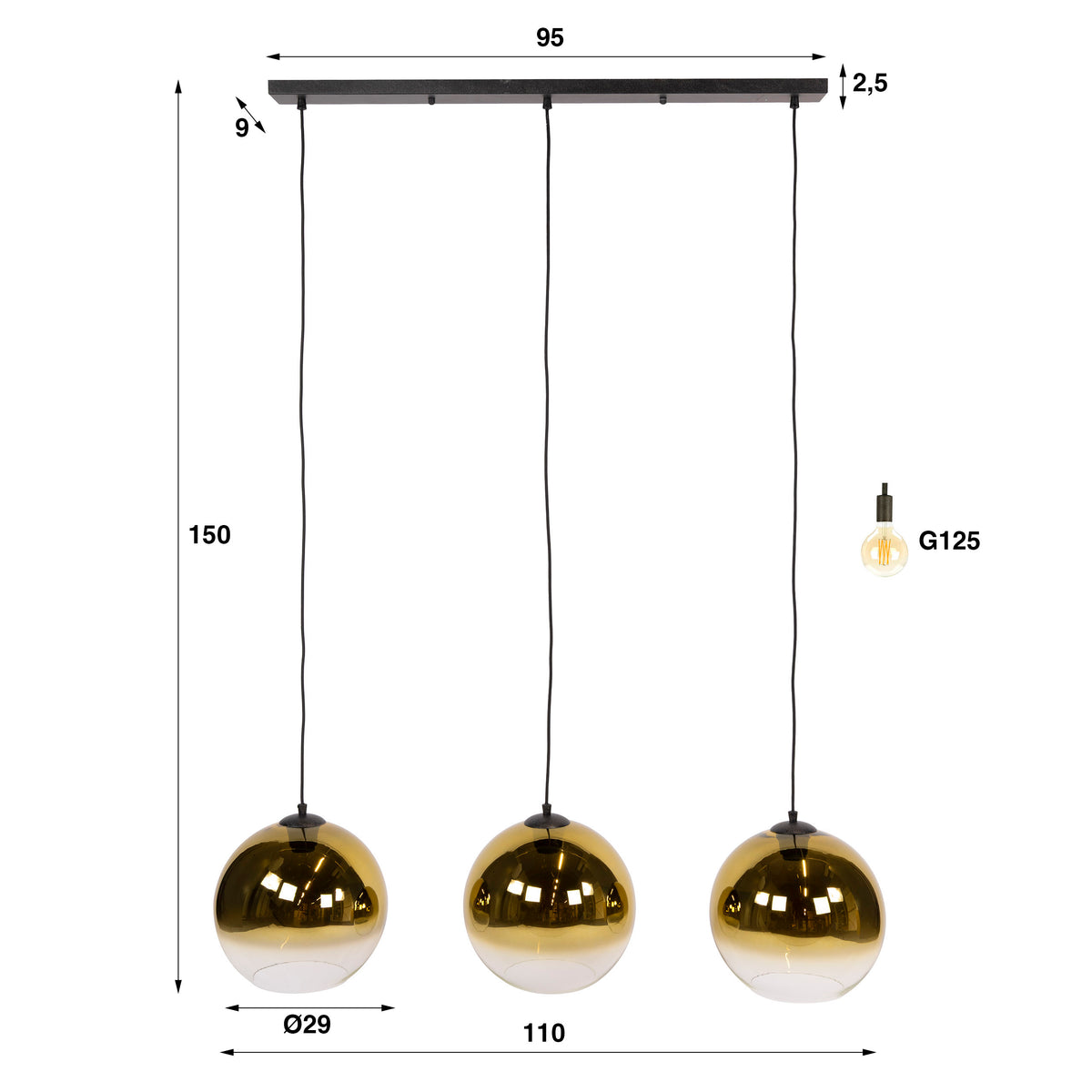 Lampa wisząca Sphere, 3-punktowa / złota