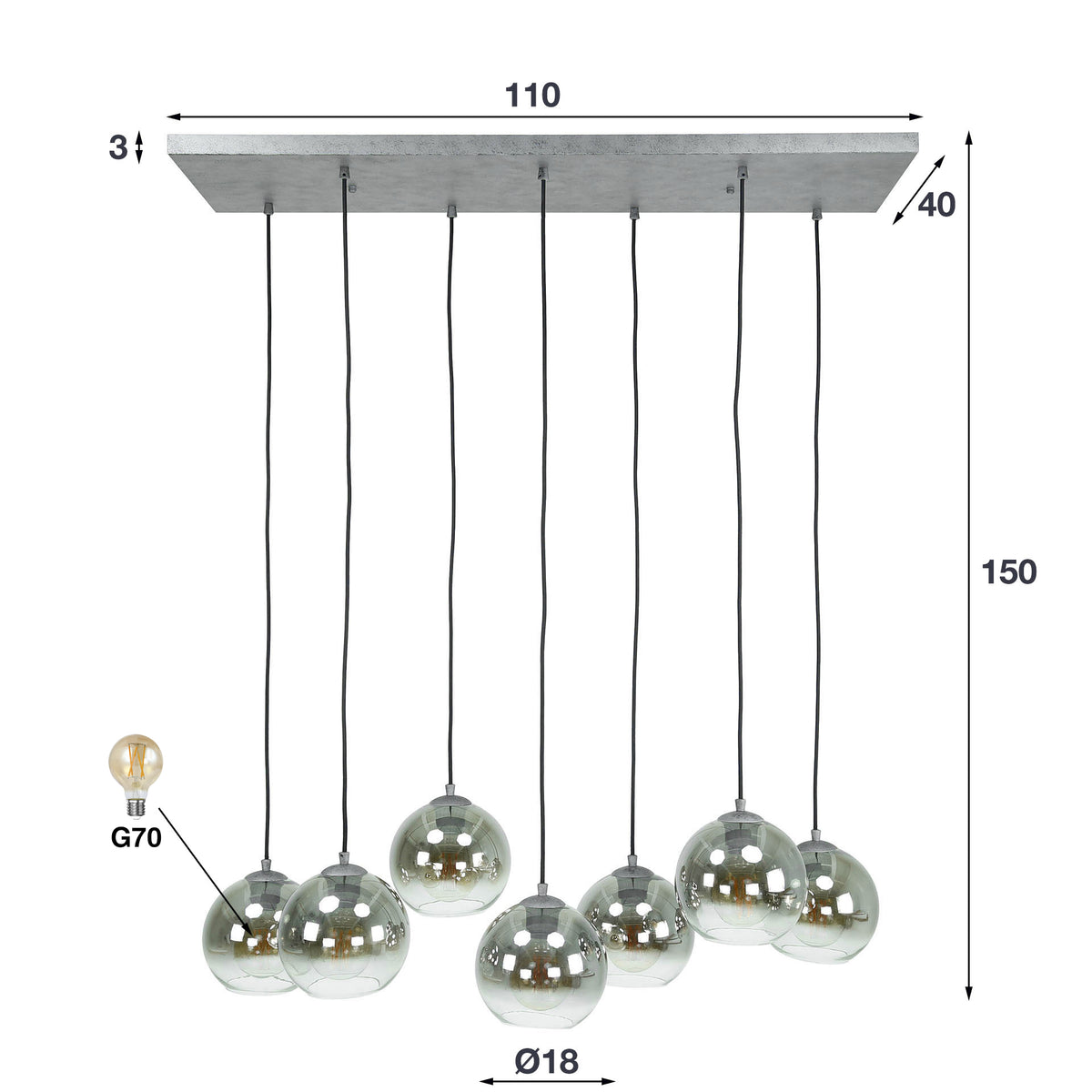 Pendellampe Sphere med 4+3 lyskilder / Gammelt sølv
