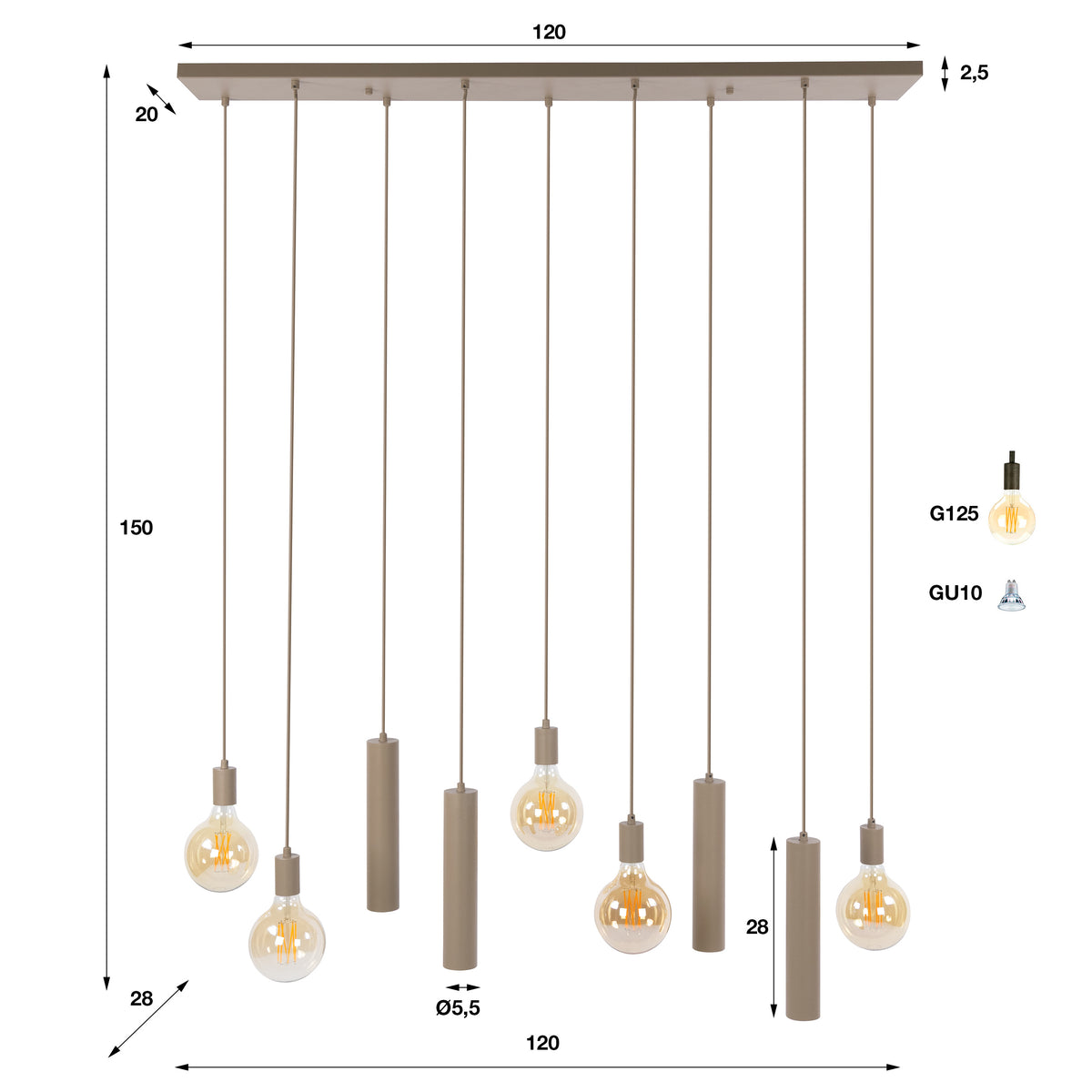 Portal pendellampe med 5+4 lyskilder / Beige