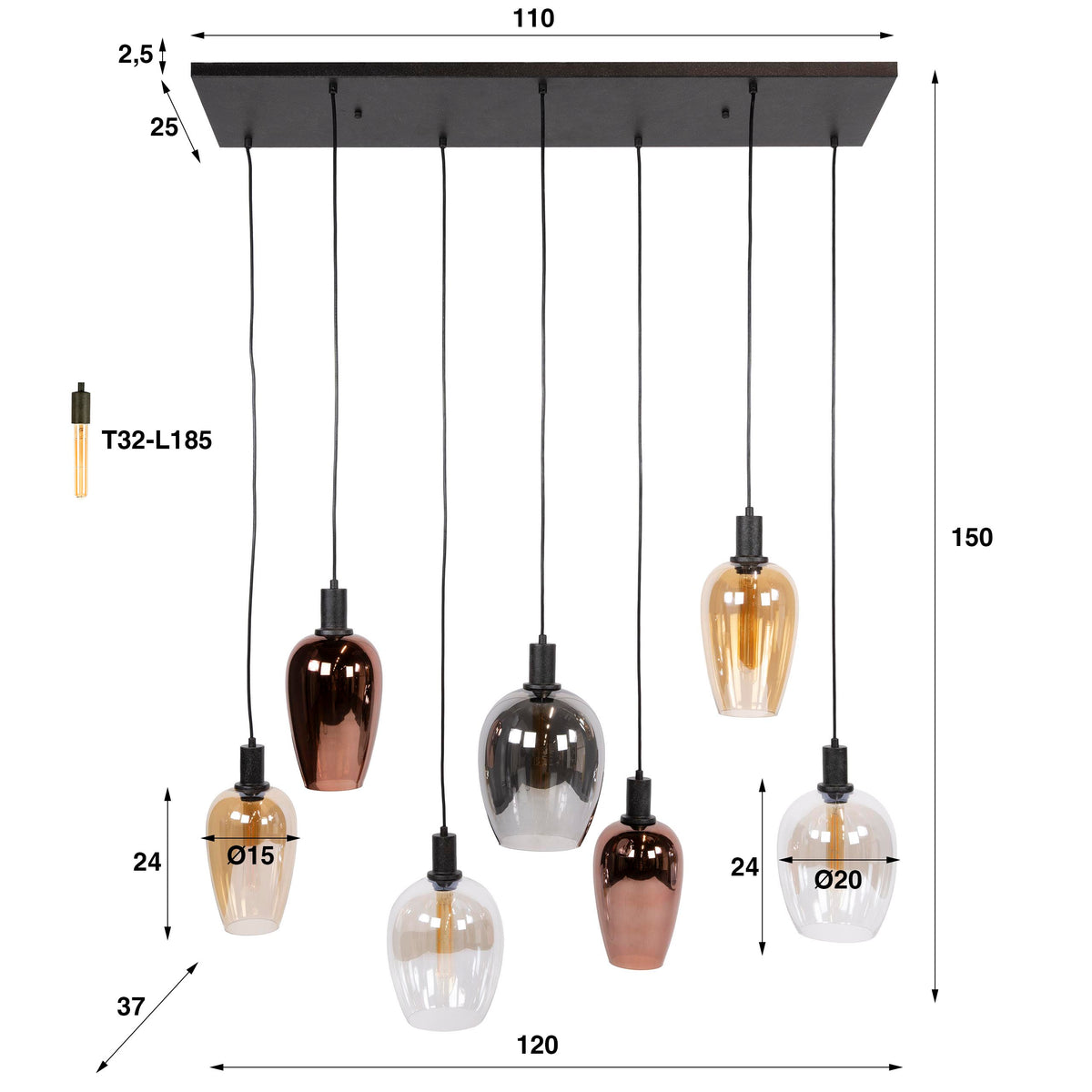 Orion pendant lamp, 7 lights / Arctic black