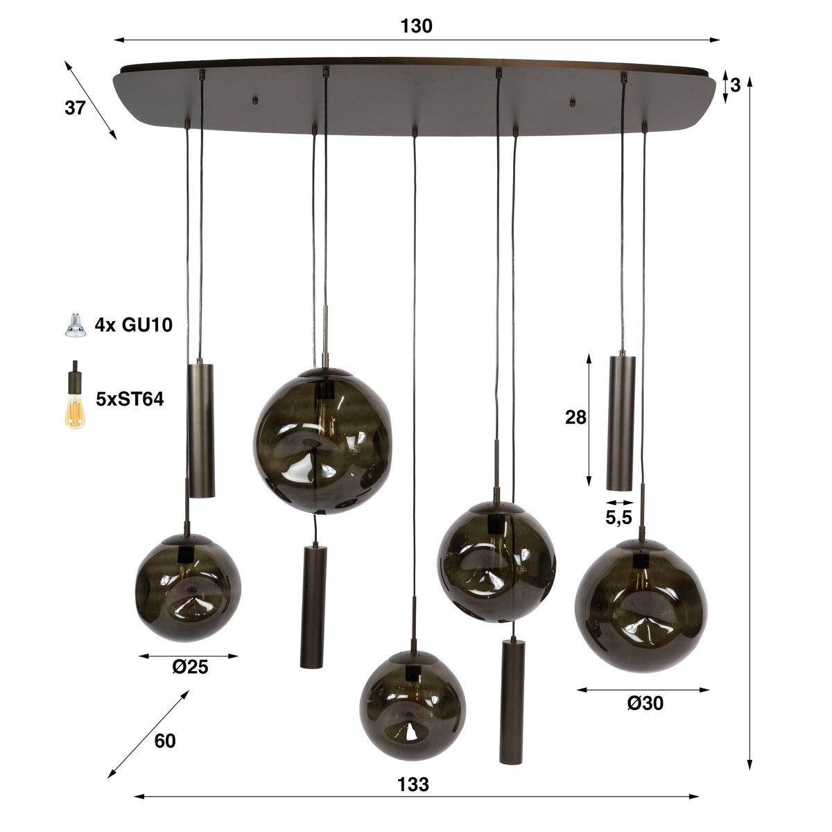 Pendellampa Lumina med 5+4 ljuskällor / Sienna brun