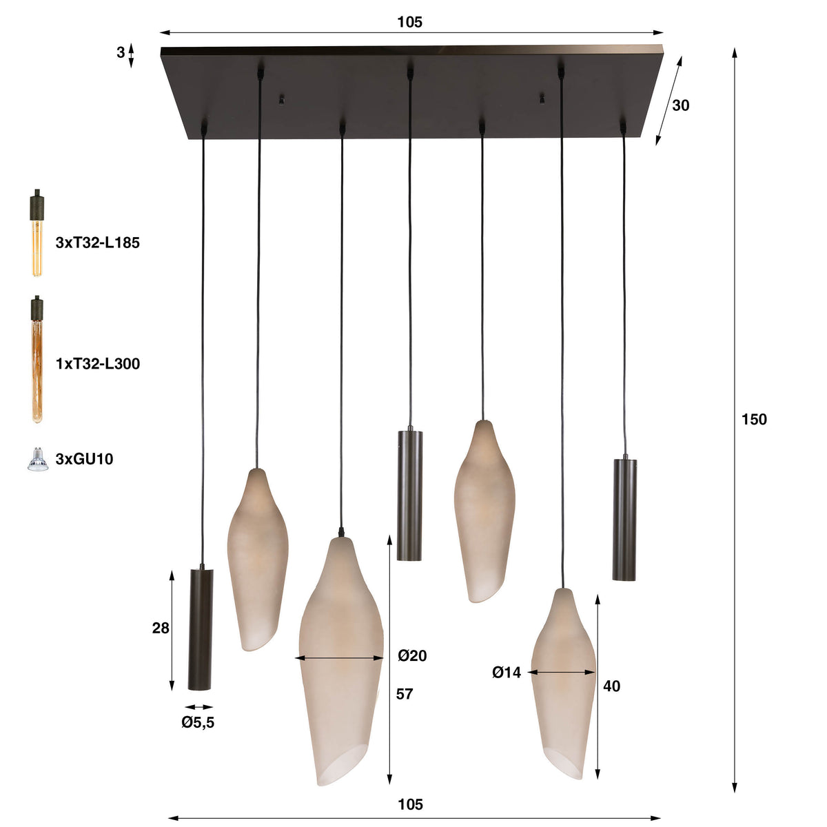 Pendellampe Boccio pendel med 4+3 lys / Sienna brun-frostet