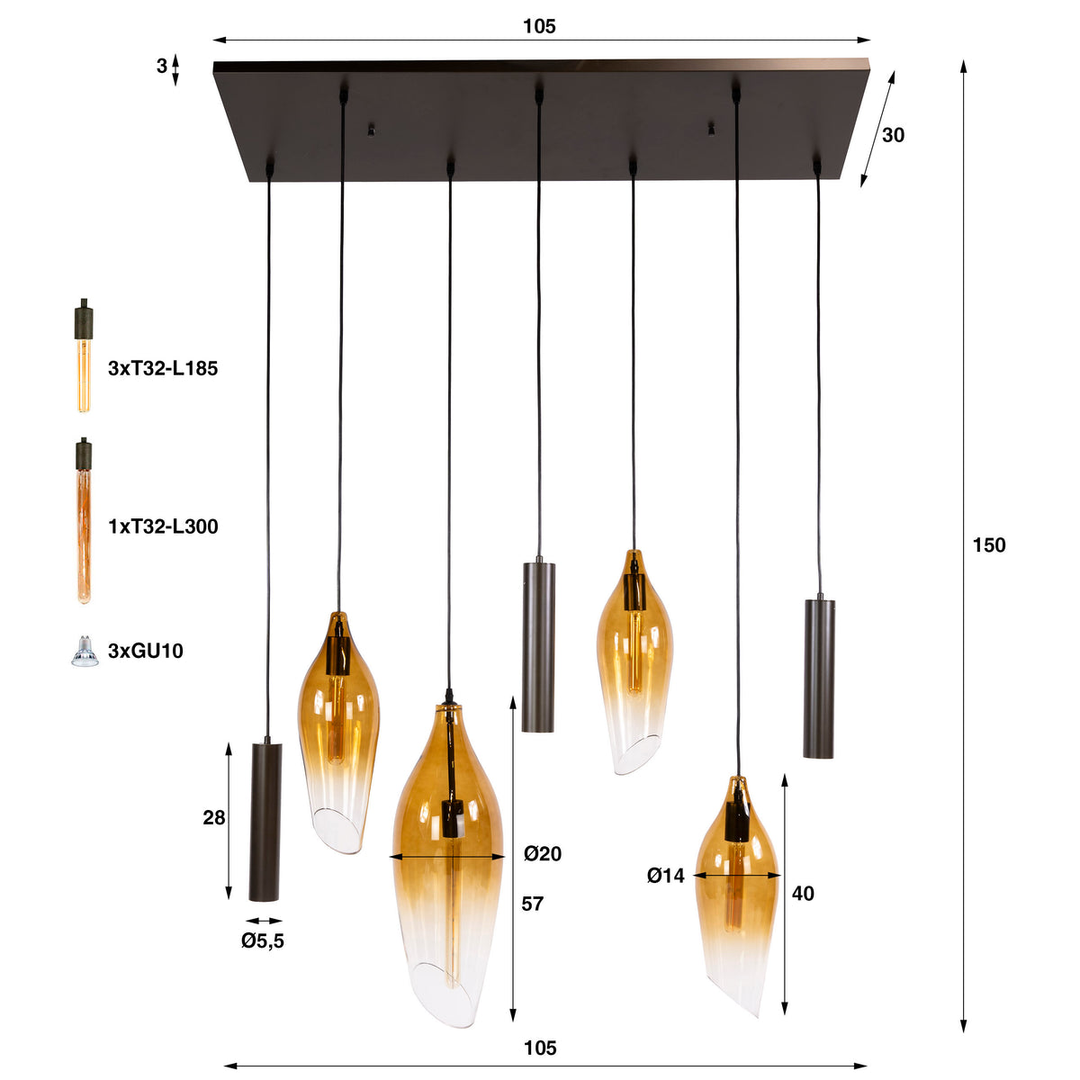 Pendellampe Boccio pendel med 4+3 lys / Sienna genuanceerd brun