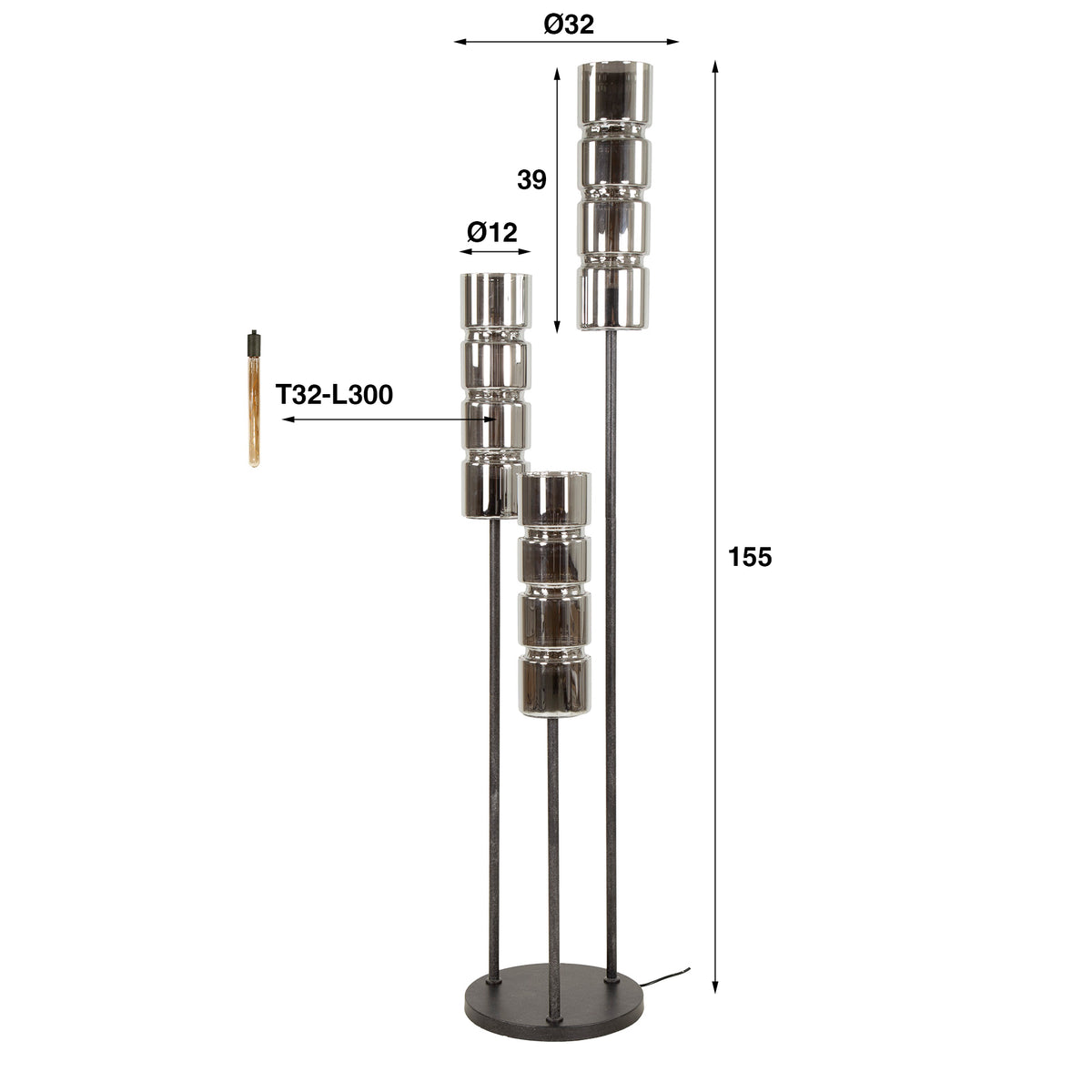 Trappegulvlampe Pillar Glass med 3 lyskilder / Artic sort