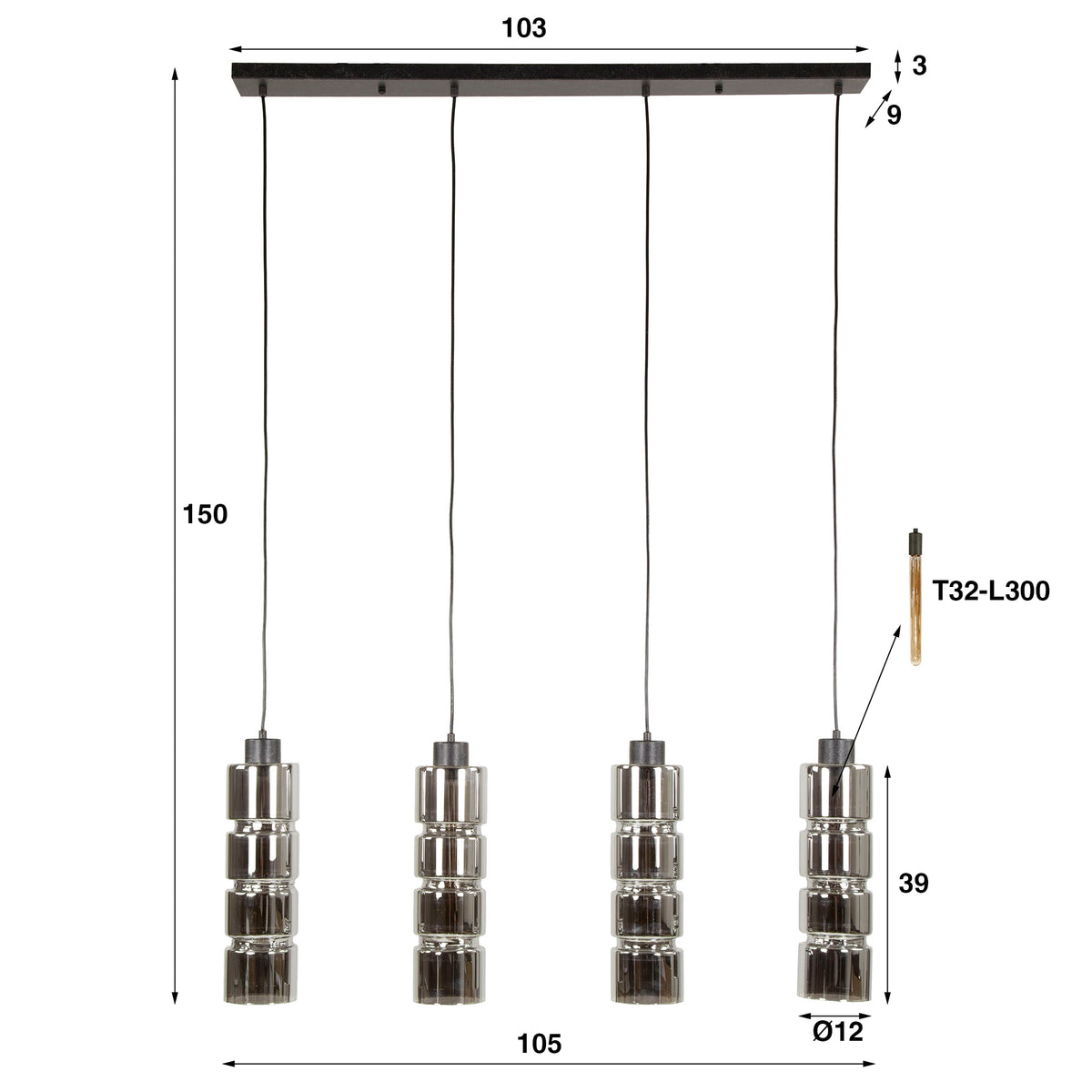Pendelleuchte Pillar Glass 4-flammig / Artic Schwarz