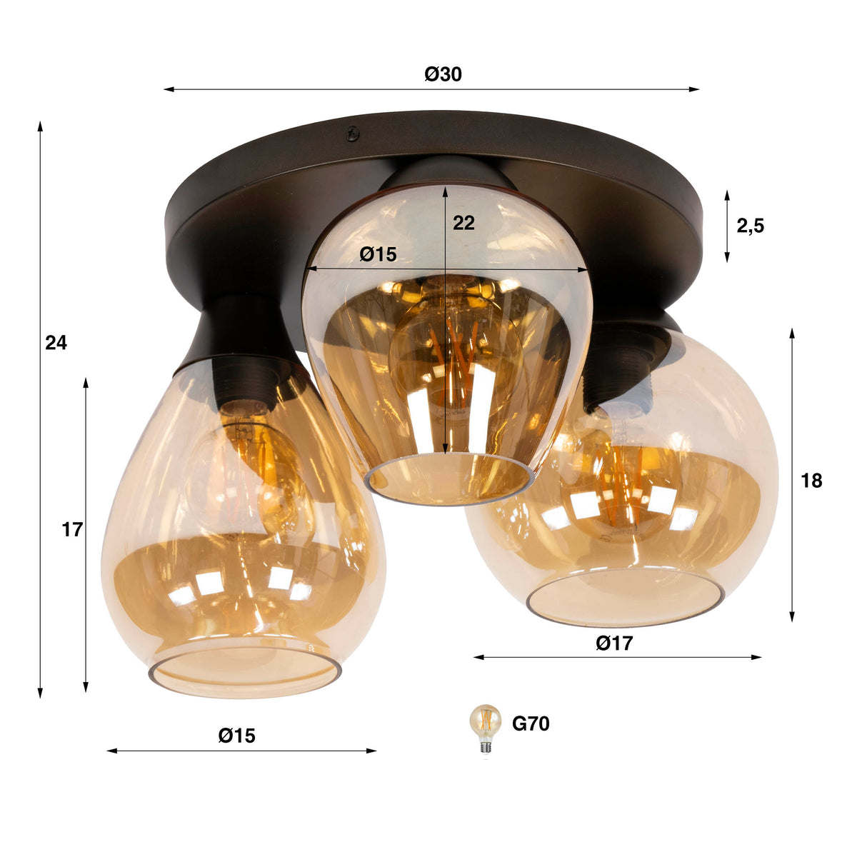 Fable ceiling lamp, 3 lights / Amber glass