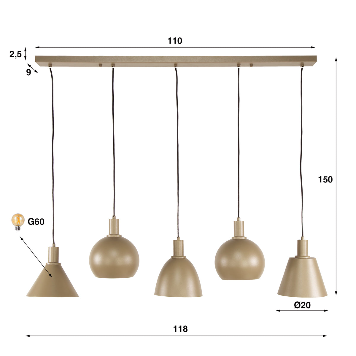 Pendellampa Iron med 5 lampor / Beige