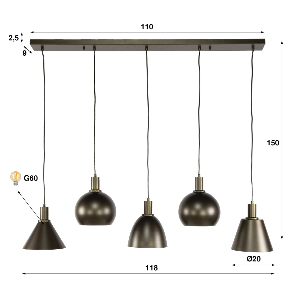 Pendellampe Iron 5 lyskilder / Sienna brun