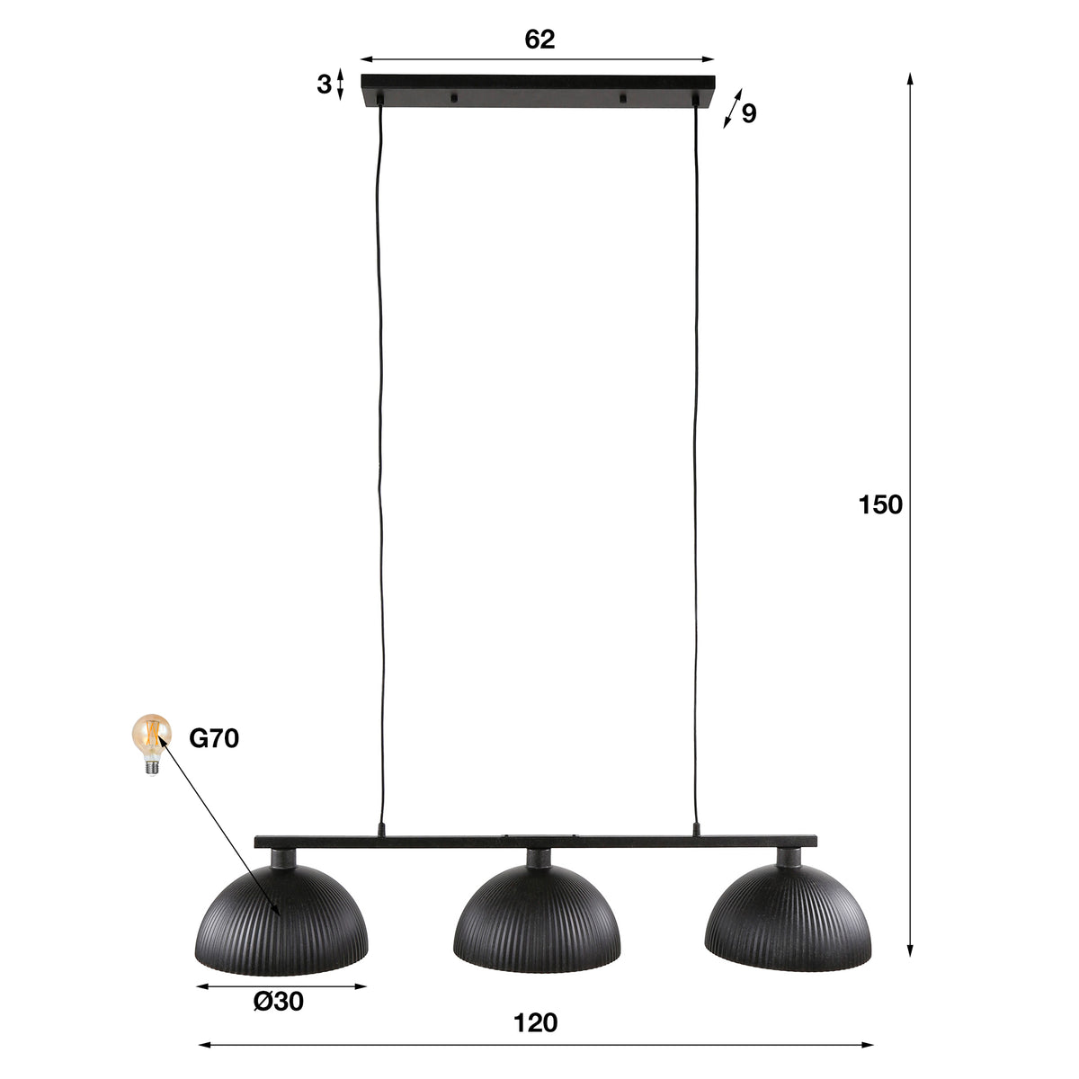 Lámpara colgante Tide de 3 luces / Artic negra