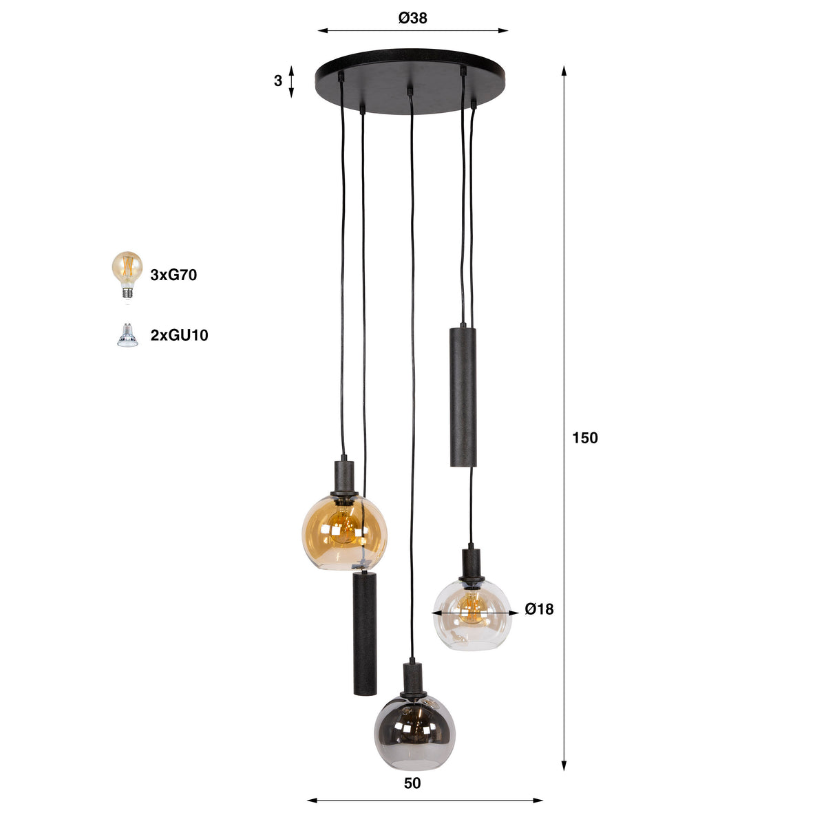 Lampada a sospensione Aurora Trico sfalsata a 5 luci / nero Artic