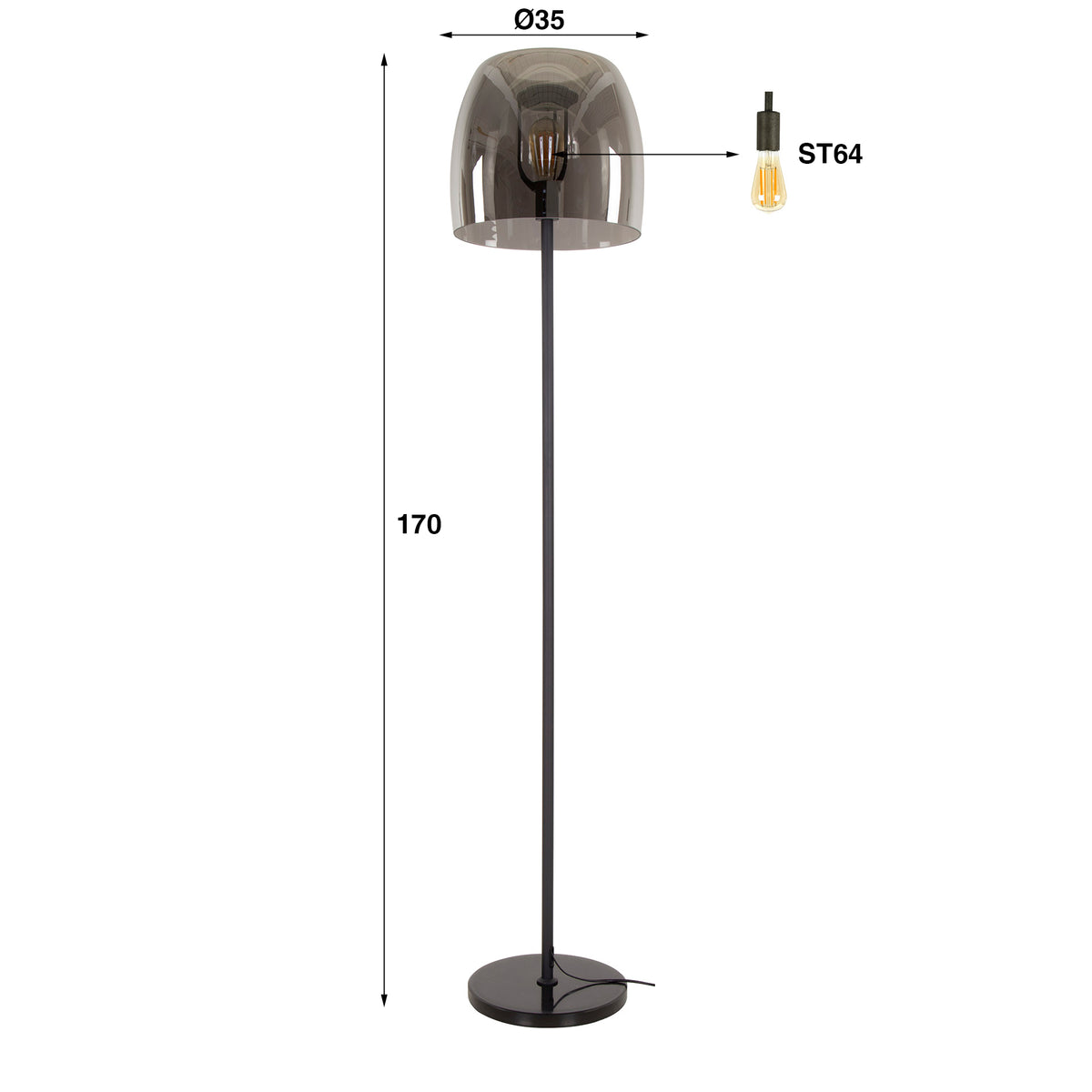 Lámpara de pie Glide Glass de 1 luz / Vidrio gris ahumado