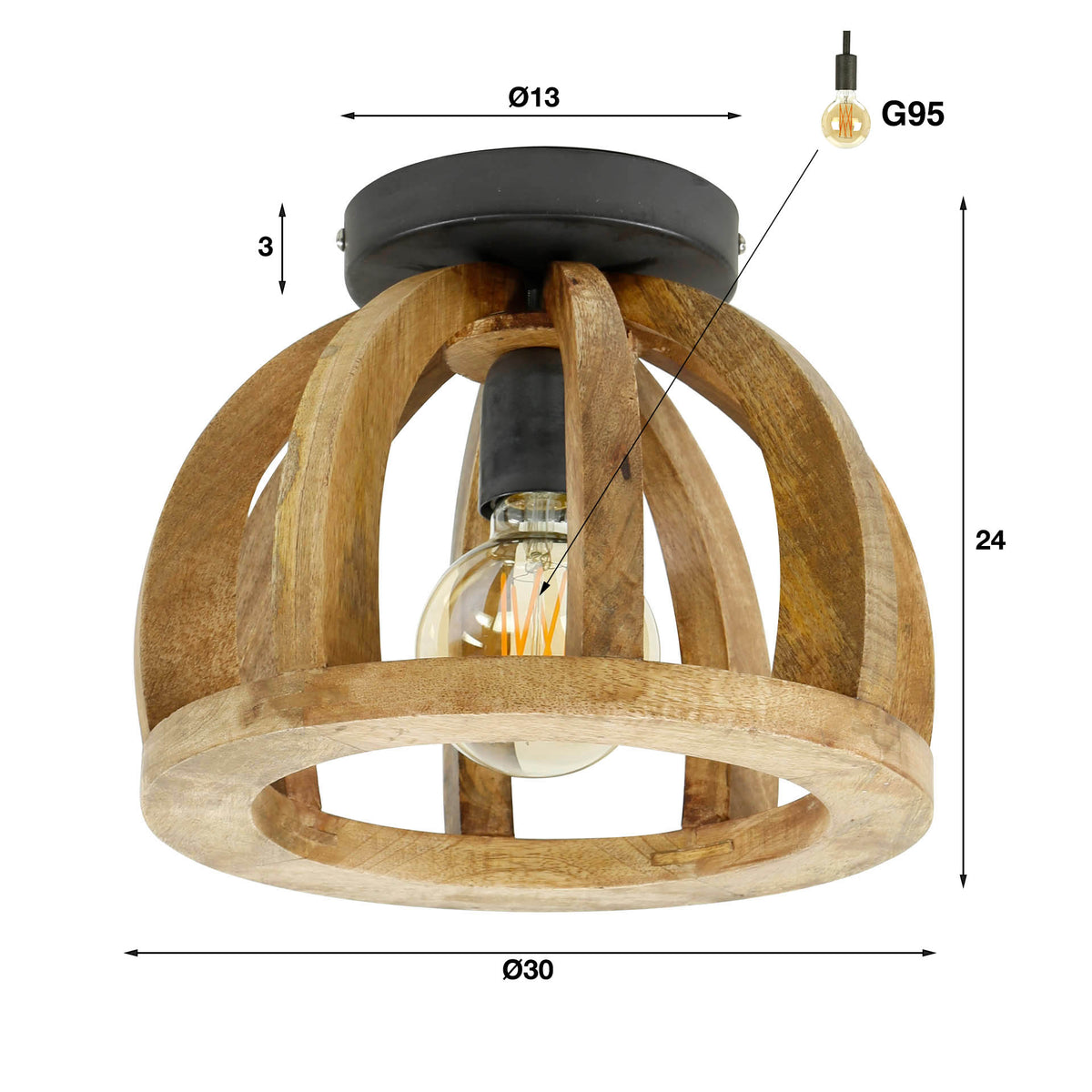 Pearl ceiling lamp 1-light / Solid mango wood