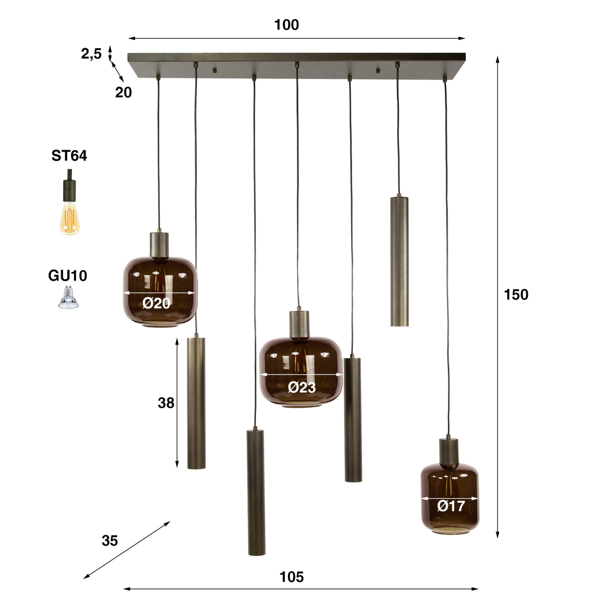 Pendellampe Copper med 4+3 lyskilder / Sienna brun