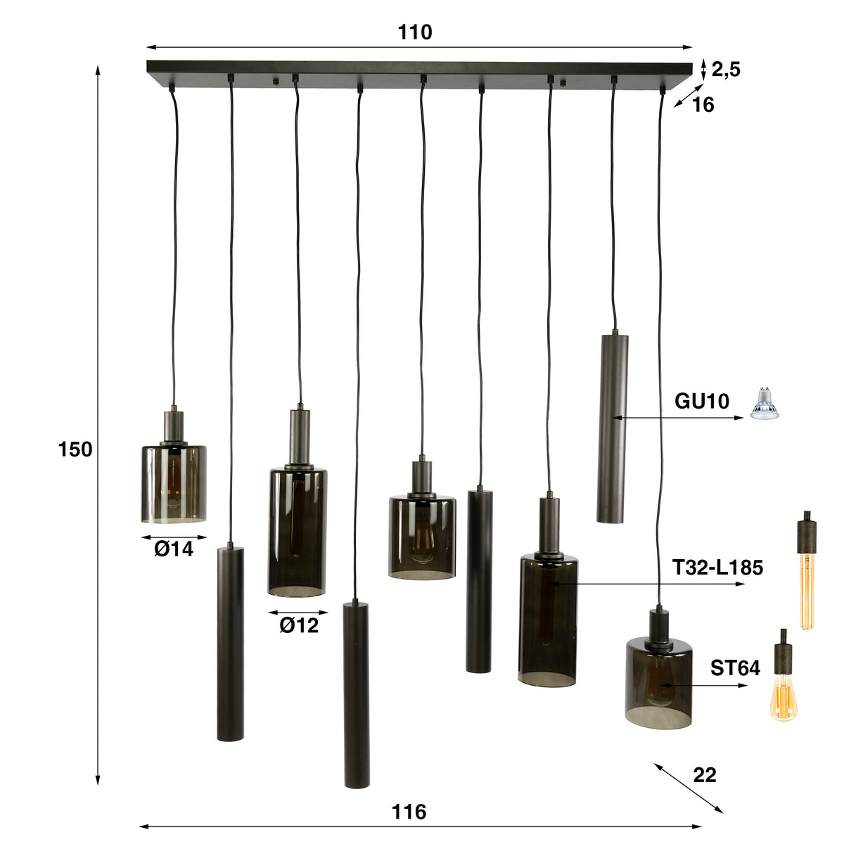 Pendelleuchte Ambrio 5+4-flammig / Sienna Braun