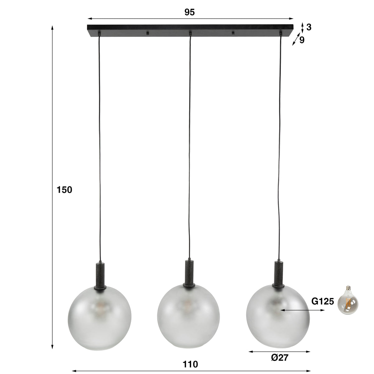 Pendelleuchte Tundra Frosted 3-flammig / Frosted Grau